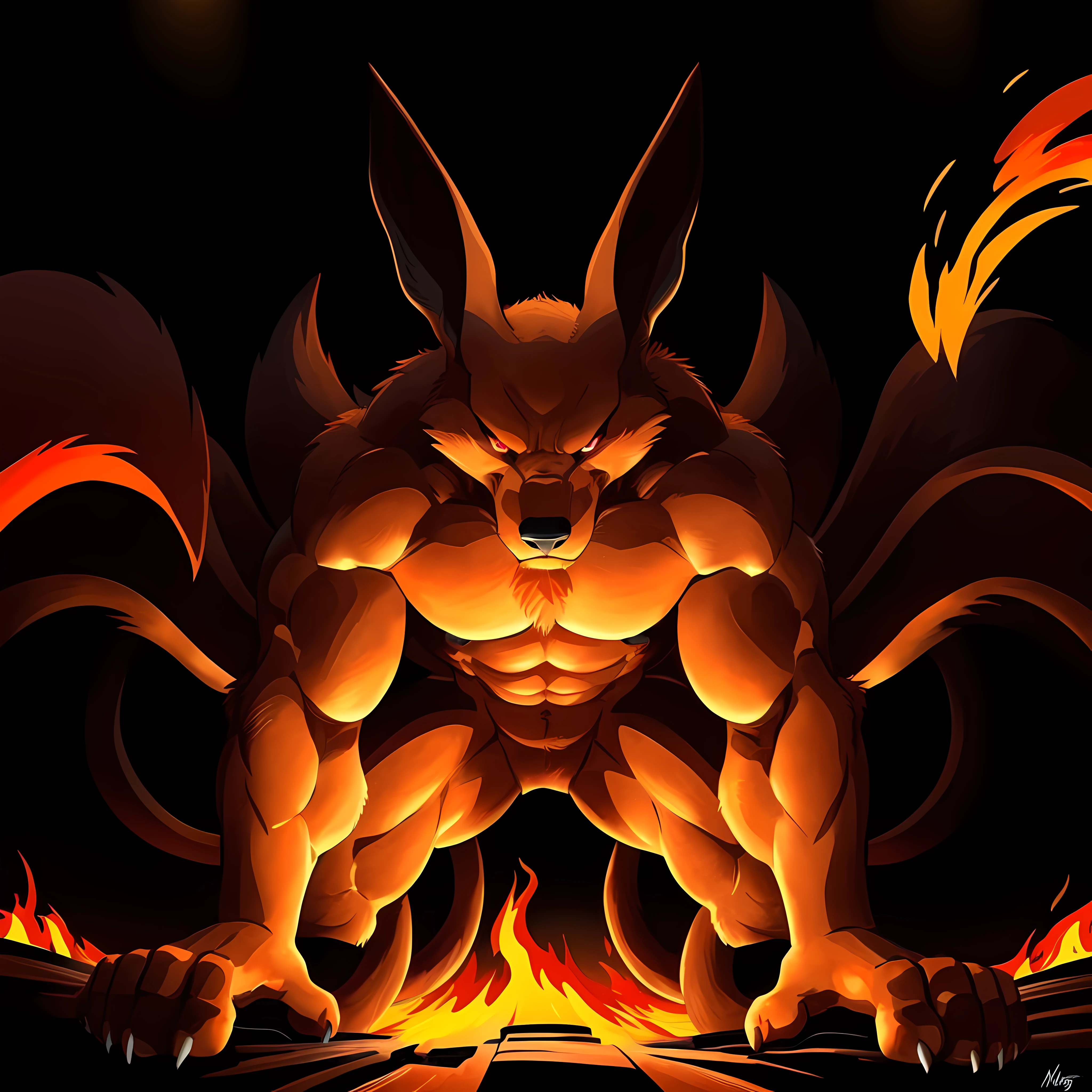 kurama, 4k, high resolution, best quality, posted on e621, solo, anthro body, male, adult, very masculine, (very muscular, heavyweight:1.5), (black background, background red flames, background red fire, forest on fire, stylized background:1.2), (by wfa:1.0), (by negger:1.0), (by echin:0.5), (detailed eyes, red eyes, evil eyes, looking at camera:1.1), (cel shaded:1.2), cartoony shading, serious eyes, (on all fours, crawling, low-angle shot:1.1), (dramatic lighting, glow, darkness:1.4), (nine tails, long tails:1.2)