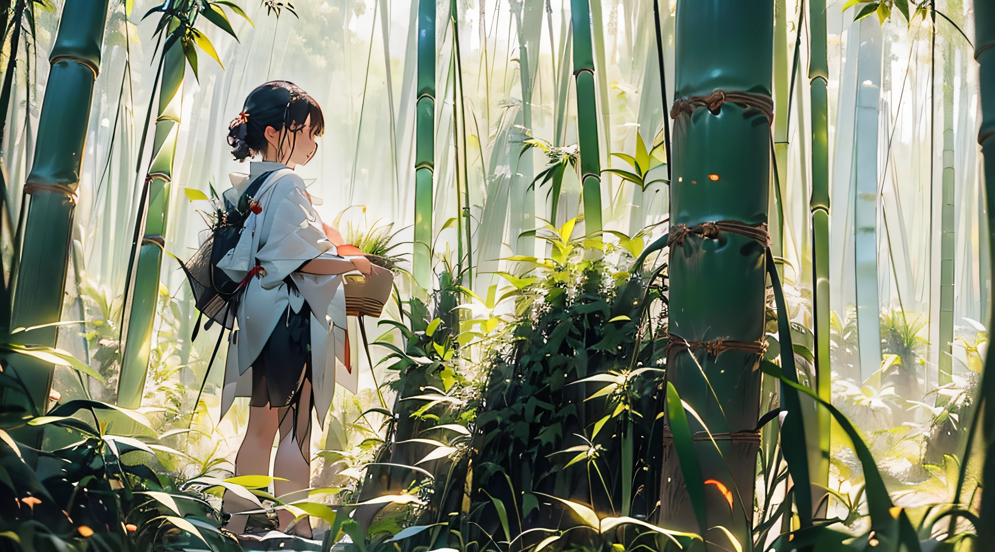 In a bamboo forest,From a distance, I saw Yin Xuan picking bamboo shoots with a bamboo basket,