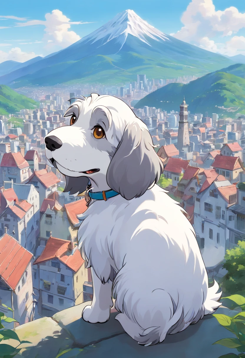 Gray and white petite basset griffon bandane　covered with fluffy hairs,　The body of the dog is white　　The color of the dog's ears and tail has a gray color　European-style cityscape　Mountains behind々The slope that can be seen