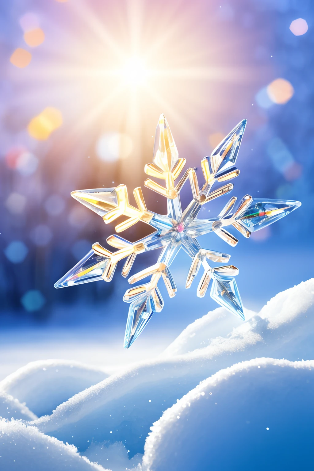 1 crystal snowflake, flow on the surface of the snow and ice, no human,(perspective, gradient backgrounds:1.3), fanciful, galaxias, cleanness, glittery, glittery, splendor, Colorful, Amazing photography, dramatic lighting, photo-realism, ultra - detailed, 4k, depth of fields, A high resolution