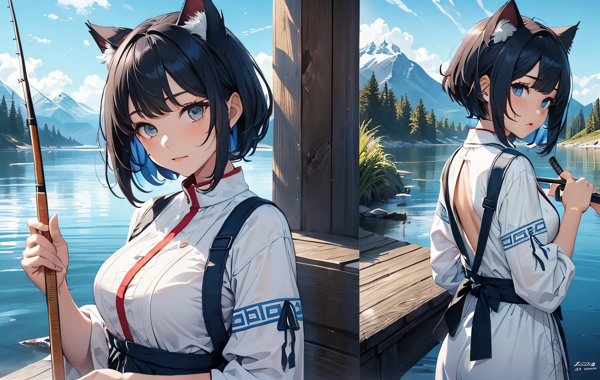 Beautiful detailed girl, Clear and beautiful, radiant skin, girls, femele, young, 20yo, bobbed hair, Short Cut, short-hair, beautiful detail glass hair, Rear view of a girl holding a fishing rod looking at the water, (((Dark, Dark Night, deep night))) ((Greek costumes, Clothing 2 colors, blue background, White Pattern)) ((Clothes color blue background, White Pattern)) ((Use only 2 colors of clothing, white, blue)) beautiful detail, tiny boobs, Full-fledged skin texture, Very good 8KCG wallpapers, very fine 8K CG wallpaper, watercolor (medium), female warrior, dark blue hair, (((Full-body cut))), (((Cat Ear Dark Blue))), Girl Fishing, (((Natural background, mountains, wood))), ((plein air)), Rear view of a girl holding a wooden fishing rod, Rear view of a girl fishing with a wooden fishing rod, Pose with the back of the head visible, Fishing with both hands on a fishing rod, Dark Dawn, The direction of the gaze is towards the water, I can't see my face, Using both hands to hold a fishing rod.