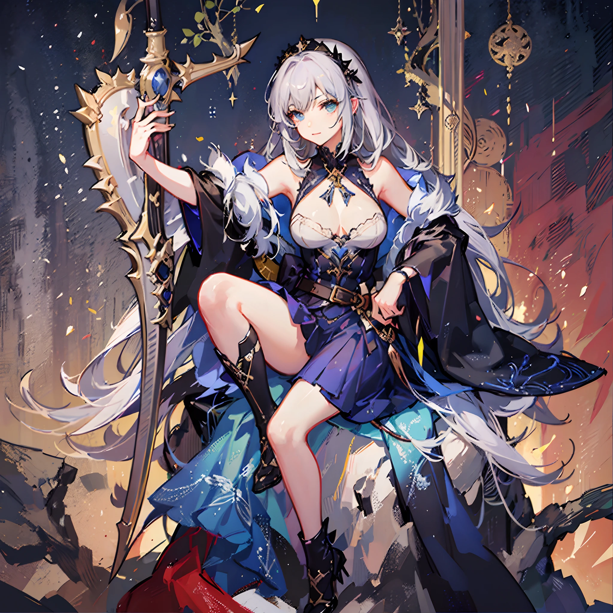 high quality, 8K Ultra HD, ultra-realistic, Behold the breathtaking beauty of the stunning beautiful female magic warrior, the embodiment of an RPG protagonist, now wielding the legendary holy sword, Excalibur, Holding the legendary sword Excalibur, Every detail of beautiful female magic warrior is meticulously crafted, capturing a sense of realism akin to a photo, dorned with celestial runes and symbols, the hilt channels the very essence of the cosmos, empowering her with unrivaled magical might, Her attire is a masterpiece of enchantment, blending midnight blues and silvery hues to create an ethereal aura, Delicate lace and shimmering gemstones adorn her attire, symbolizing the depth of her mystical prowess, A full set of armor, expertly crafted with intricate patterns and celestial motifs, both protects and enhances her magical heritage, by yukisakura, high detailed,