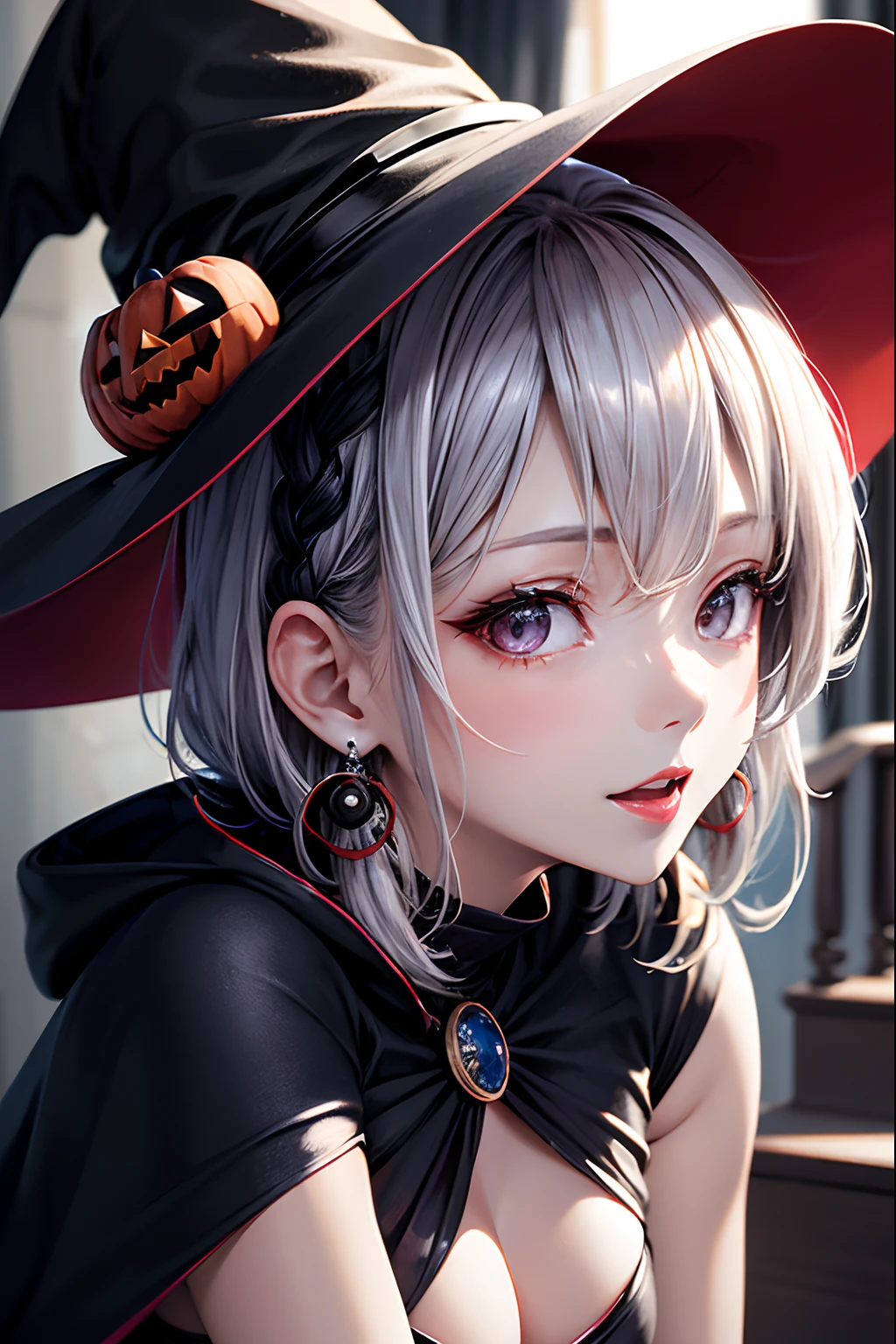 (masutepiece, Best Quality:1.2), 1girl in, Solo, Cute, kawaii, digitalart、Black Witch's Hat、Red lips、Witch Black Dress、Halloween Party Room、Witch's black cloak、Jack-o'-lantern、Halloween Backgrounds,during daytime, fun look, Silver hair(Short)、Glittering earrings、Silver eyes、glistning skin、Small-faced beauty,  ,High Angle Lens、perfect-composition、Perfect light and shadow delicacy、8K