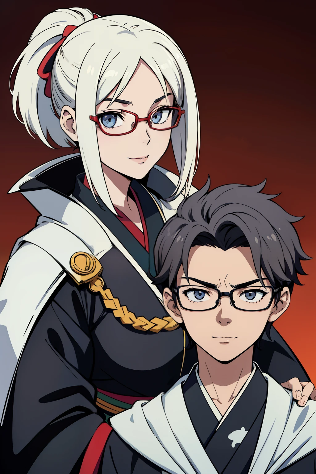 (Homem:1.2), in manga style, tons de cinza, monocromatic, arte vetorial, rosto detalhado, garoto, jovem, 15 anos, eyeglass, detalhando, kimono, estudante, sorriso, mechas brancas,