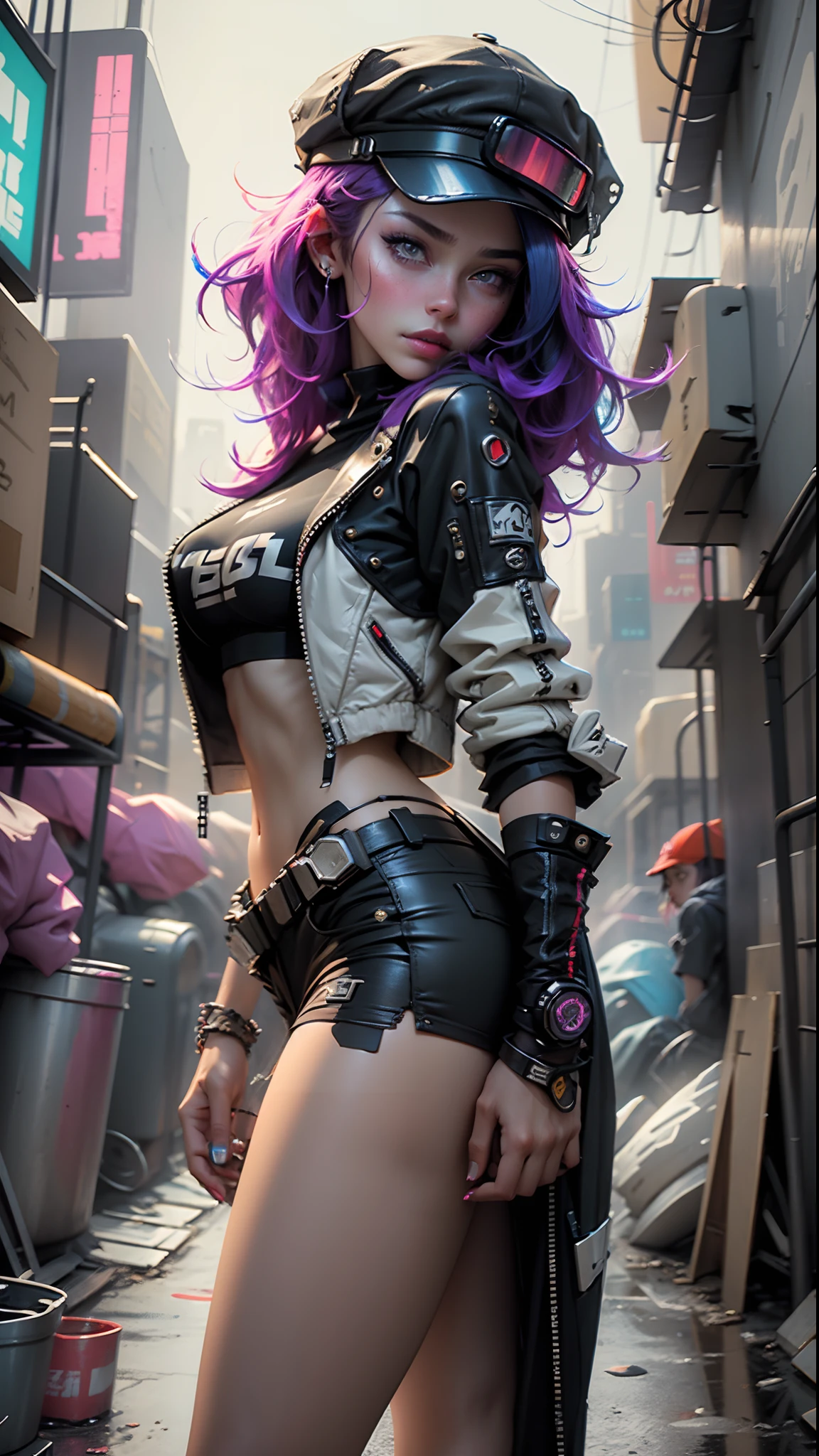Beautiful woman medium hair, wearing cap, cyberpunk style short clothes