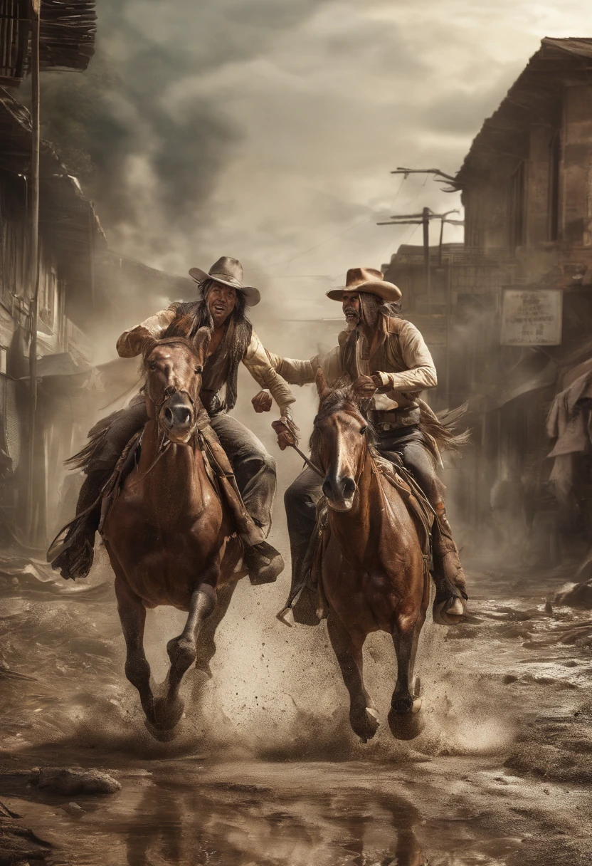 Best Landscape Jungle,The Wild West,Fight on the street of the town, Two are fighting, One Indian, Mud Rain