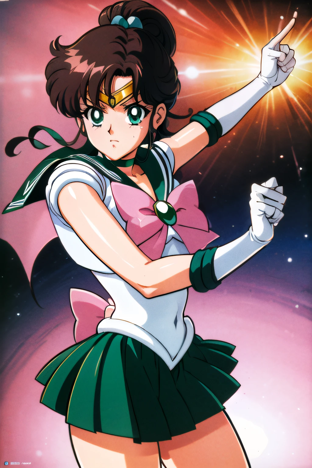 (top-quality:1.3), (​masterpiece:1.4),(Anatomically correct), (Full limbs),(complete fingers),(Precise fingertips), (Fine details),(8K),Photorealista,Sailor Moon!!!!!!!!, Sailor Moon Style,by Sailor Moon, Sailor Senshi Uniform,(the sailor jupiter:1.37),aqua eyes,brown haired,poneyTail,Green Choker,Green boots,whitegloves,(Pink ribbon:1.2),(Super Detail),(90s Anime,9 0 s anime,9 0 s anime style,anime cels,cel shaded anime),
(Dynamic Boxing Pose:1.25),Beautiful face, Intense lighting,raw, Color Theme Red, Dramatic light, magician, spell magic, Magic Circle, ((magic in hand)),(using light magic:1.14),lightning magic, imaginative overlays, artistic fusion,fantastical scenes, evocative narratives, striking visuals,