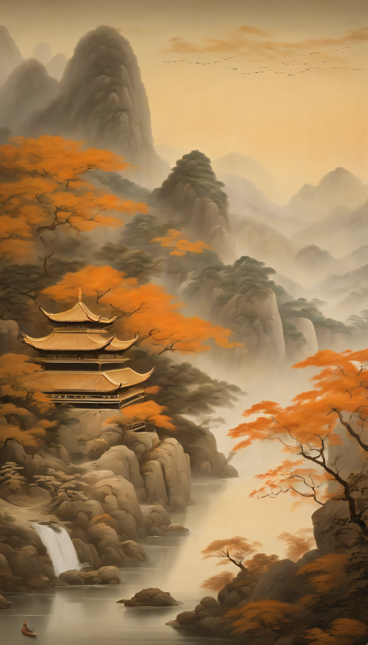 An idyllic Chinese mural, Light orange and light gray style, Layered landscape, japanese style art, monumental murals, Ricoh FF-9D, Golden Age aesthetics, Exotic landscape