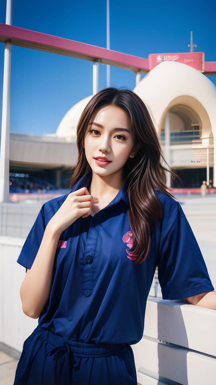 (bestquality,10,10,highres,masterpiece:1.2),ultra-detail,(Realistic,photorealistic portrait,photo-realistic:1.37),1 Cute girl in the football field,oily shiny skin,bara,light smile,BDclothes,((blue shirt:1.3)),short sleeves,shirt, trousers.,(navy_long_Pants Track:1.1), ((Stadium Background:1.3)),dynamic angle,excited,face focus,Dynamic Poses,from behide,Ass Focus,masterpiece, bestquality, ultra realistic, hyper-detail, 8k resolution, RAW photo, crisp focus, ((Navy blue shirt:1.1)), short sleeves, Long Path, Perfect body, 2 mature women, 18yo, cinematic light,Blue sweatpants,Gymware,Correct anatomy,Complete body, Correct body, sharp face, Anatomically correct body, full entire body, Realistic gestures, long-haired, Realistic poses,Wear long shorts...............,Long leg span,Shapely,Sculpting Girl, Slender Figure, mannequin mannequins, Shapely, Beautiful body,Blue sweatpants,2 girls kissing each other