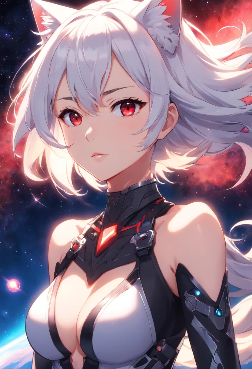 intricate background, galaxy background, nebula, comet, planets, cat woman, 25 years old, white hair, top half shot, black body armor, white cloth covering breasts, black and red tattoos on face and left shoulder, red glint in eye, long black jewelry from left ear, black choker