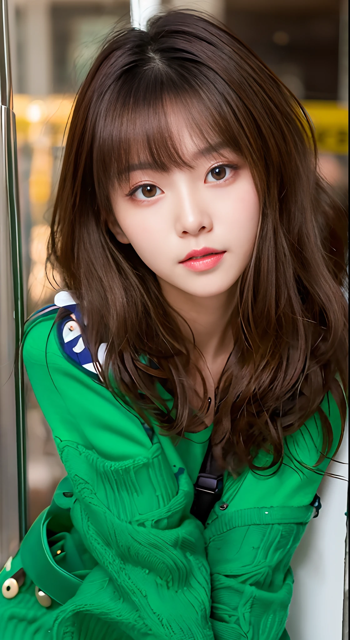 Araphedo Asian woman with long brown hair and green sweater, Young adorable Korean face, ulzzangs, young cute wan asian face, girl cute-fine-face, Korean Girl, 奈良美智, neat hair with bangs, Popular Korean Makeup, the face of a beautiful Japanese girl, wan adorable korean face, brown hair and bangs