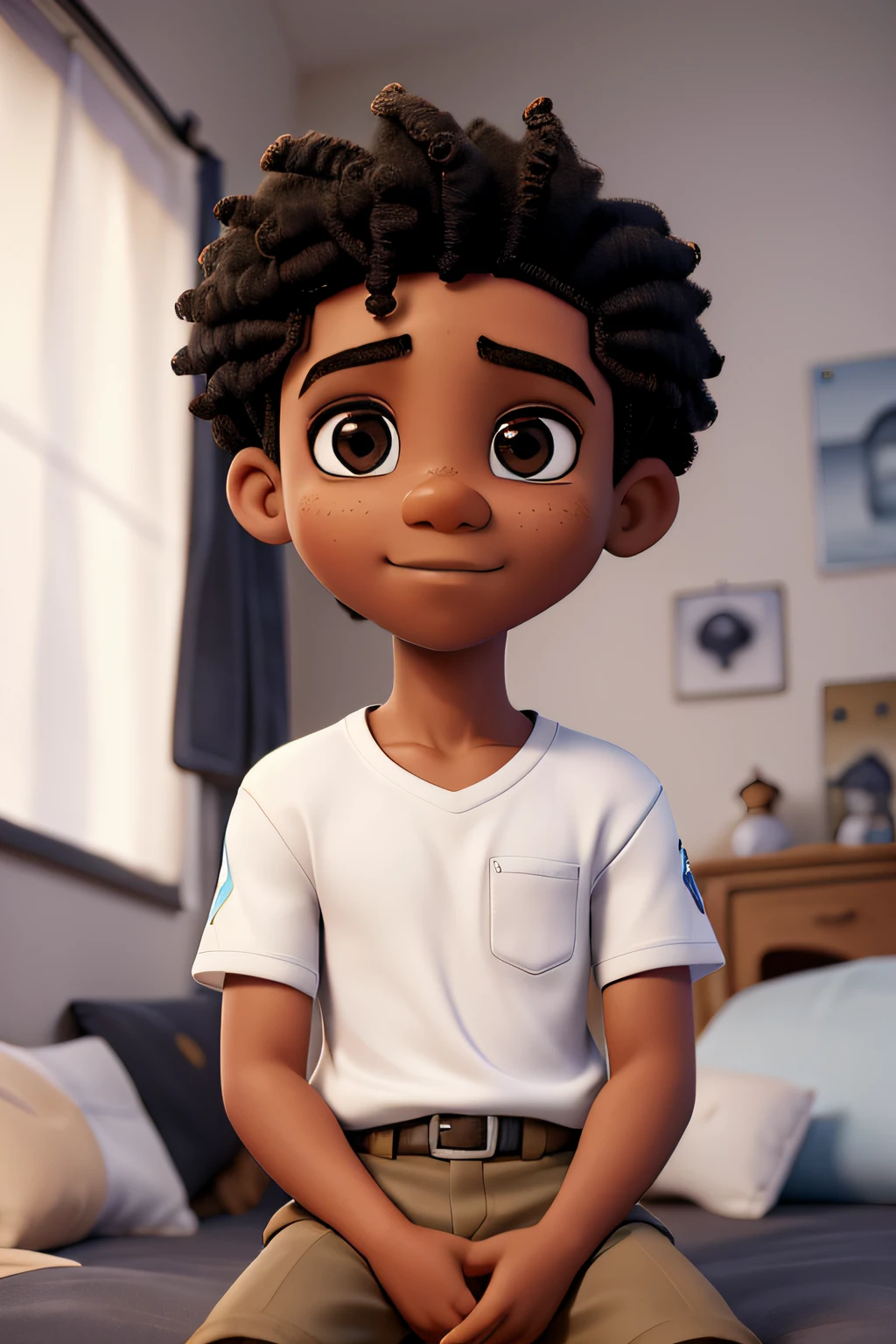 a young boy, 8y.o boy, african american, Front view sitting in bed, Looking at camera, black hair, Foto RAW,((camisa preta:1.2)), ((retrato)),afro-descendente, Use uma boina, cabelo estilo militar, Slim and slightly athletic body, Wear basic clothes, Homem de 18 anos, olhos castanhos, olhos perfeitos, ((fundo branco:1.2)), studio lighting, alta qualidade, filmic grain, Fujifilm XT3, Centralizado