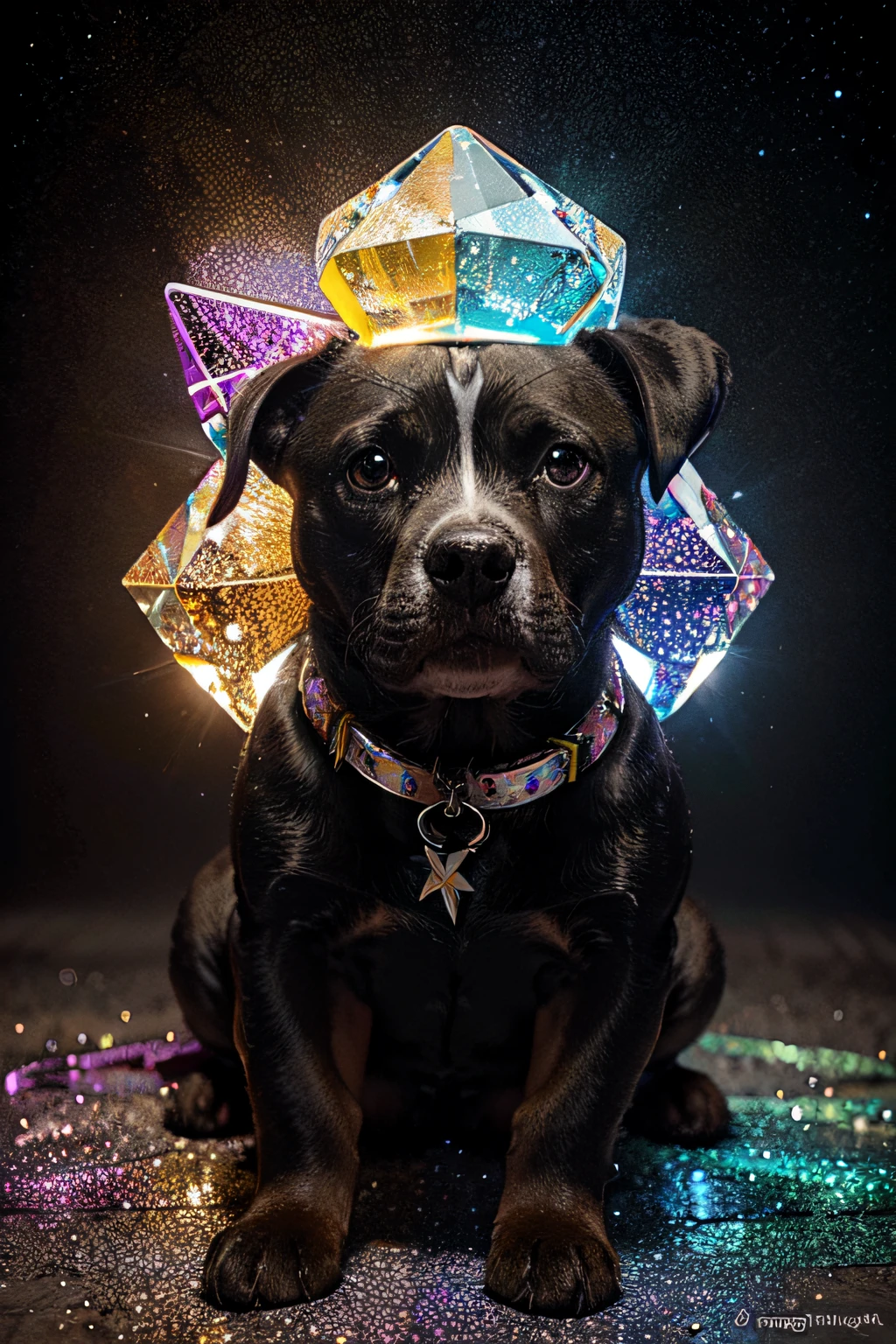 The dog staffy Spirit Made of Crystal, very realistic and detailed. The texture of its scales is beautiful. It's very colorful and flashy. A swirl of color that is beautiful, detailed as powder. Avec la galaxie