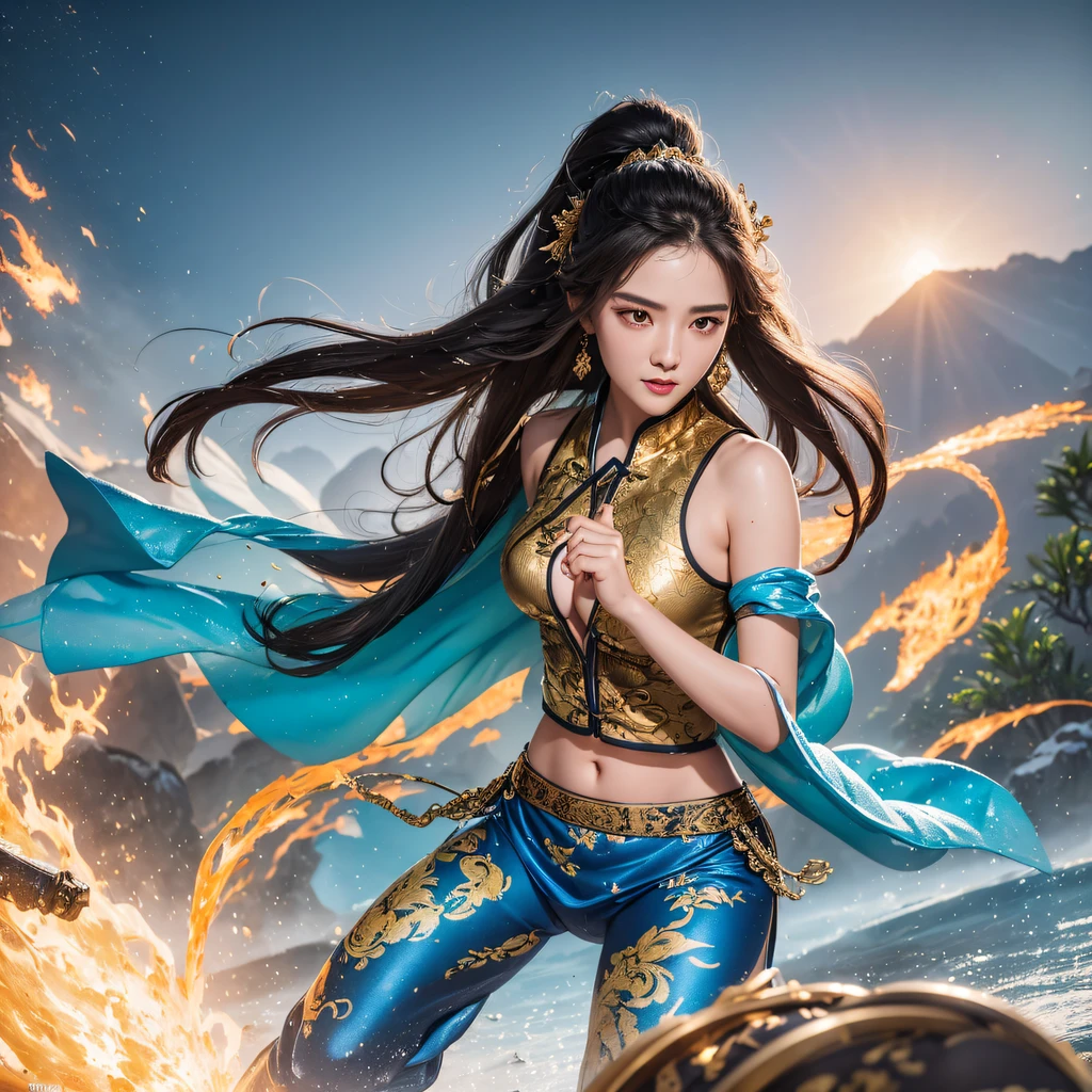 cinematic cgsociety,Flying Nine-Tailed Light Blue Sky Division Flame Long-haired Fox Star,een Erotica,Torch night black golden orange brocade silk snake print silk pants,Rouge diamond tulle sheer lizard-patterned leggings,Fat woman space fly in the snow,Front view,Pure transparency,Wear boxing gloves,Wear thick-framed reflective sunglasses with gold wire,Panorama ultra-wide angle,extremely happy,The texture of the real person is delicate,Strong visual impact,hyper-detailing,Dream girl,Refined face,prettyeyes,Hair strands float in the air, cherry Models,Zhou Xiaotong,crystal-clear,Good sense of perspective,Light and shadow effects,16K smooth,Surface reflected light,,Tropical canyon battle scene、Chinese big breasts、Quaint、three kingdom、ember、100 people、Telephoto vista(CG)、Intense CG battles、high detal、masuter piece、NSFW,Multi-layered long-sleeved gauze garment,Quick-dry vest,Linen sweater,Crocodile skin cape,golden shoulder pads, Silver hammer pattern cape, Burgundy body hair,Water vapor female spy,Shower buttocks green fruit milk jelly flat chest,Pine silk fish net knee brace space dance,Hexagonal prism,Put on a pineapple knife sprinkled with gold,extremely happy,Boundy winter rain(Tropical canyon battle scene)((Scenes))(Extremely detailed Cg Unity 8K wallpaper,Masterpiece, Best quality, Ultra-detailed)He played Huang Yaoshi in the movie,