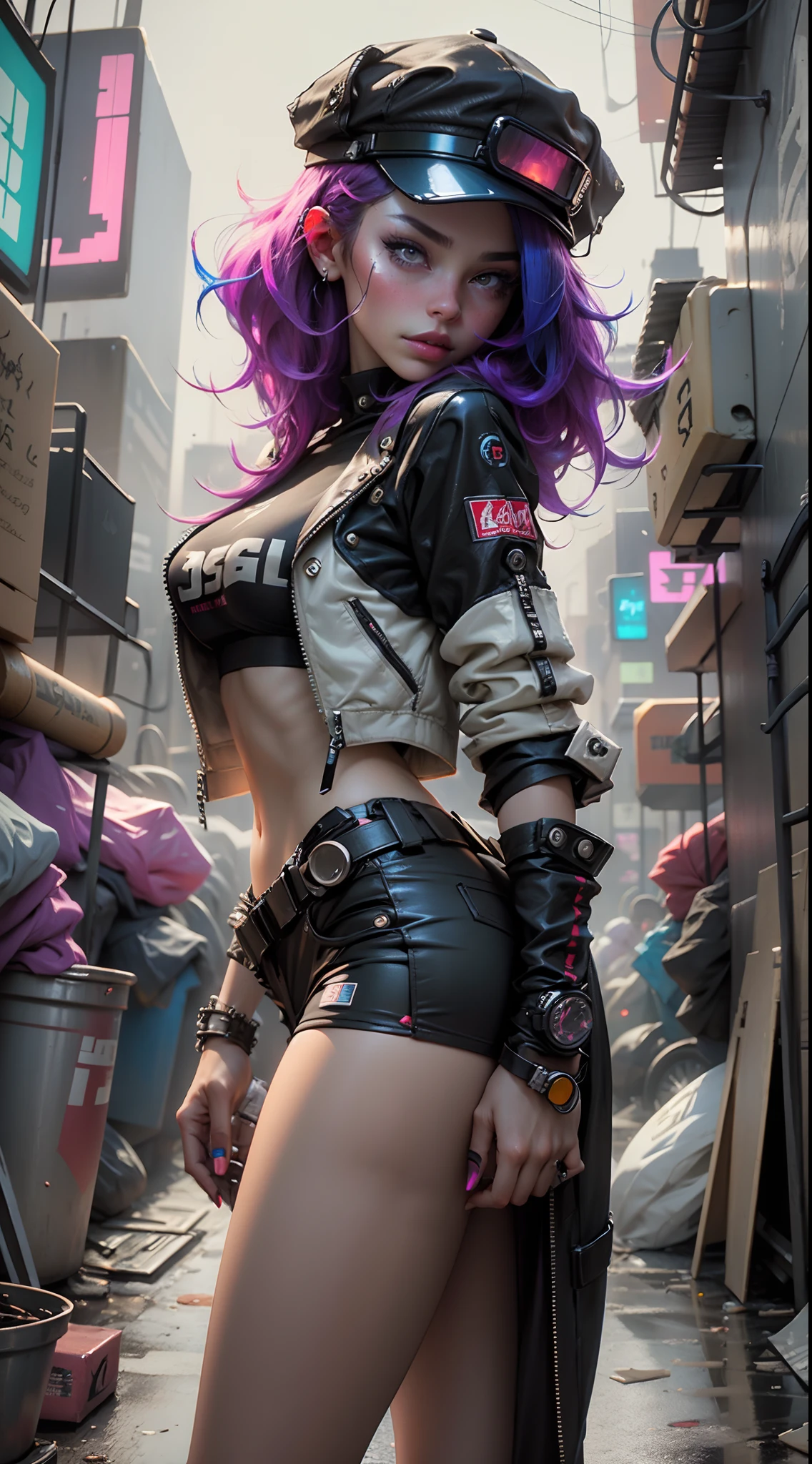 Beautiful woman:1.2),(colored hair:1.2),(leather clothes and sexy poses:1.3),(topless:1.2),(sassy poses), (long breasts:1.1),(hard nipples),(thong:1.2),(fat pussy, puffy pussy),( cyberpunk style:1.3),(realistic:1.1),(detailed:1.1)