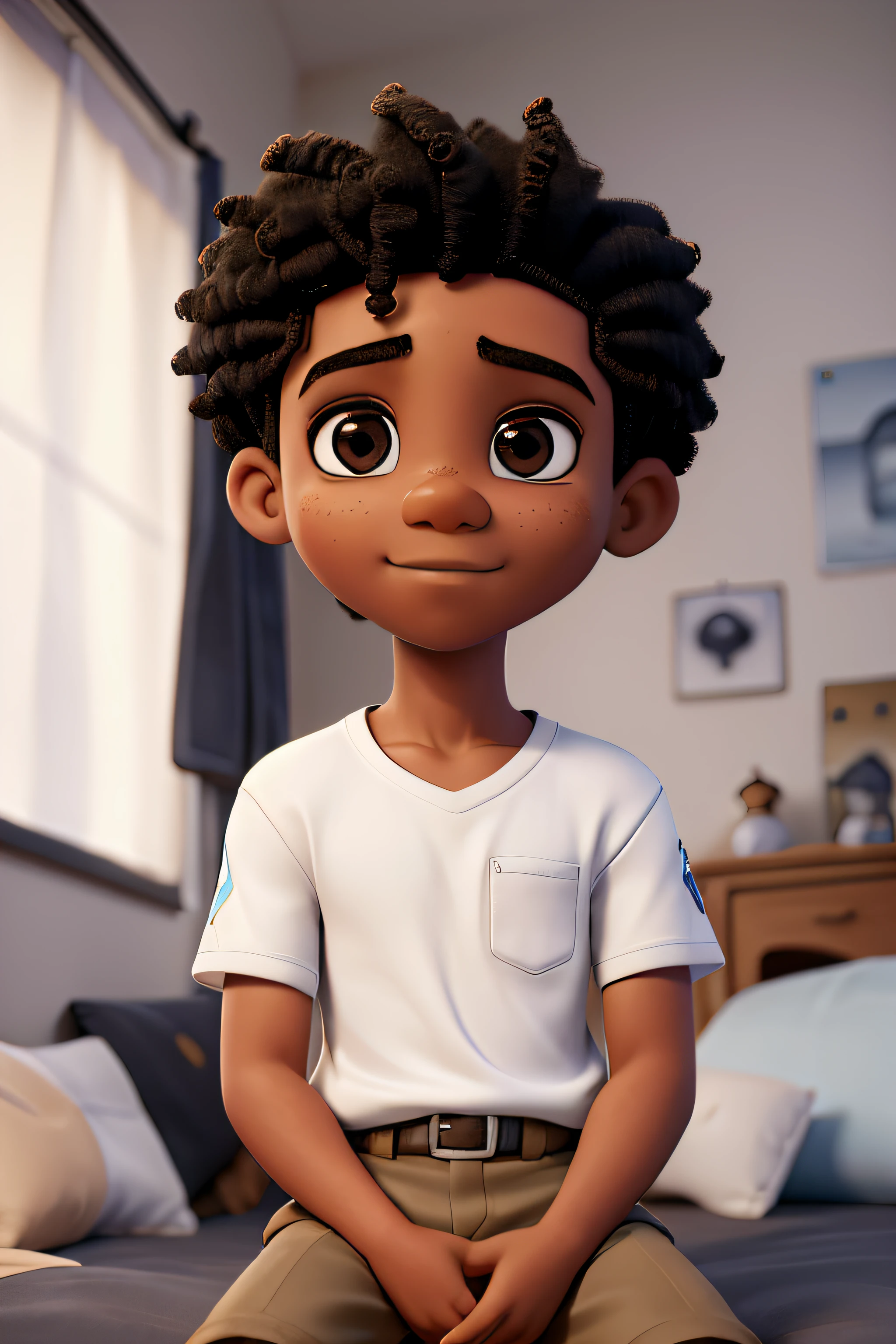 a young boy, 8y.o boy, african american, Front view sitting in bed, Looking at camera, black hair, Foto RAW,((camisa preta:1.2)), ((retrato)),afro-descendente, Use uma boina, cabelo estilo militar, Slim and slightly athletic body, Wear basic clothes, Homem de 18 anos, olhos castanhos, olhos perfeitos, ((fundo branco:1.2)), studio lighting, alta qualidade, filmic grain, Fujifilm XT3, Centralizado