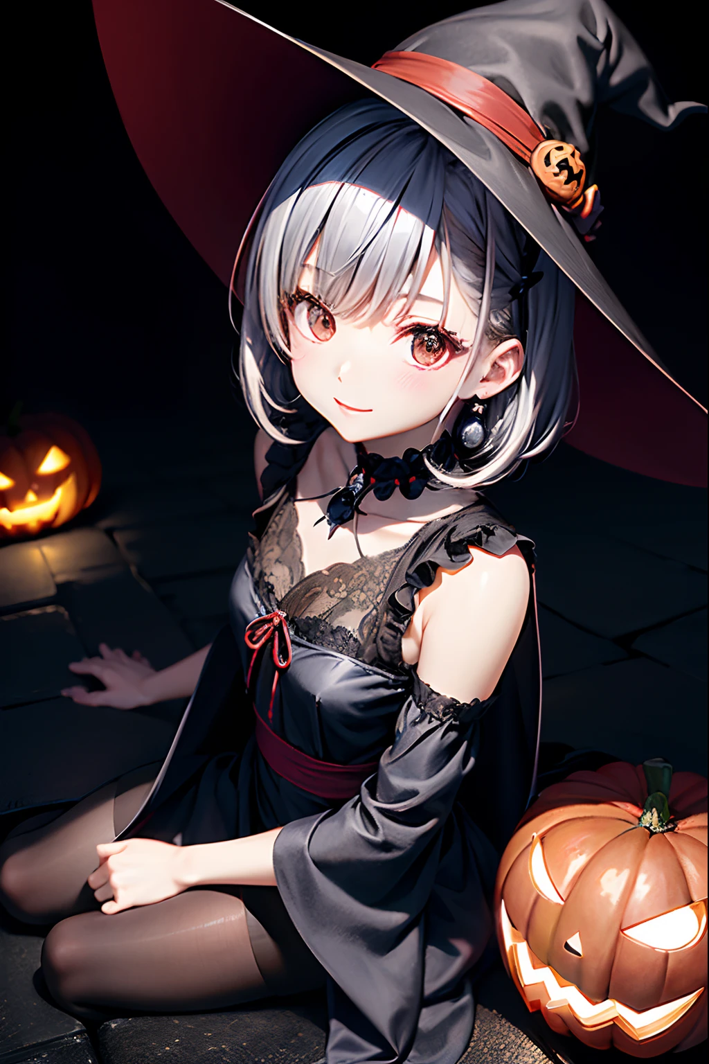(masutepiece, Best Quality:1.2), 1girl in, Solo, Cute, kawaii, digitalart、Black Witch's Hat、Red lips、Jack-o'-Lantern earrings、Halloween Party、Witch Costume、Black cloak、Jack-o'-lantern、Halloween Backgrounds,during daytime, fun look, Silver hair(Short)、Silver eyes、glistning skin、Small-faced beauty, Heart-shaped necklace,High Angle Lens、perfect-composition、Perfect light and shadow delicacy、8K、
