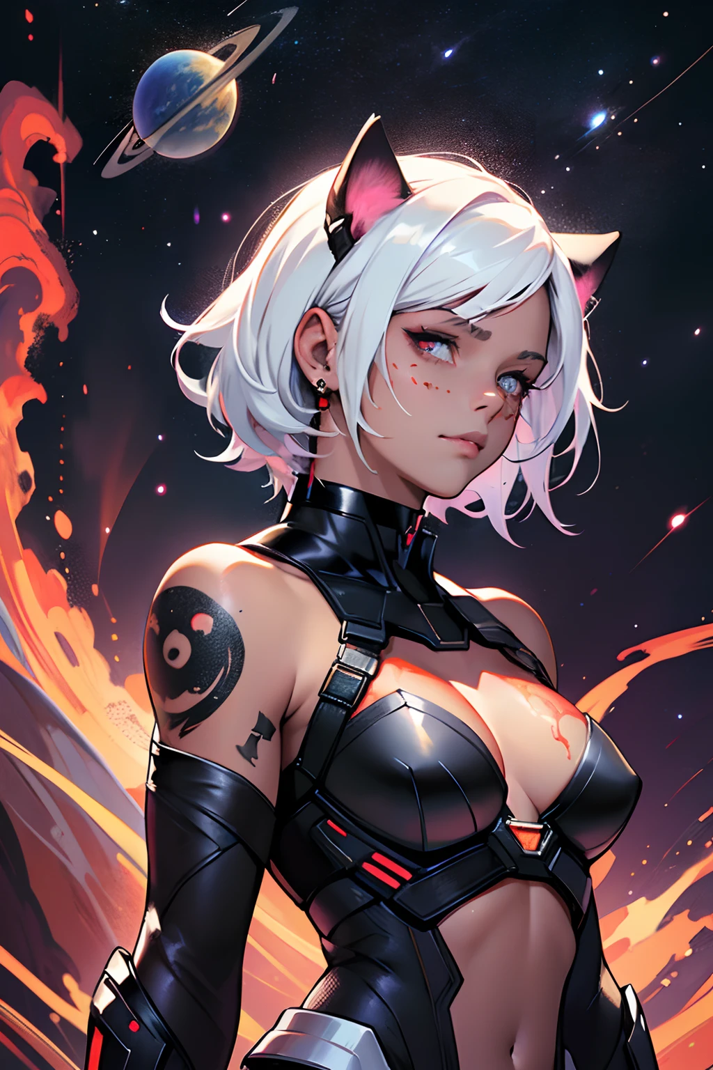 high res, intricate background, galaxy background, nebula, comet, planets, cat woman, 25 years old, white hair, top half shot, black body armor, white cloth covering breasts, black and red tattoos on face and left shoulder, red glint in eye, long black jewelry from left ear, black choker
