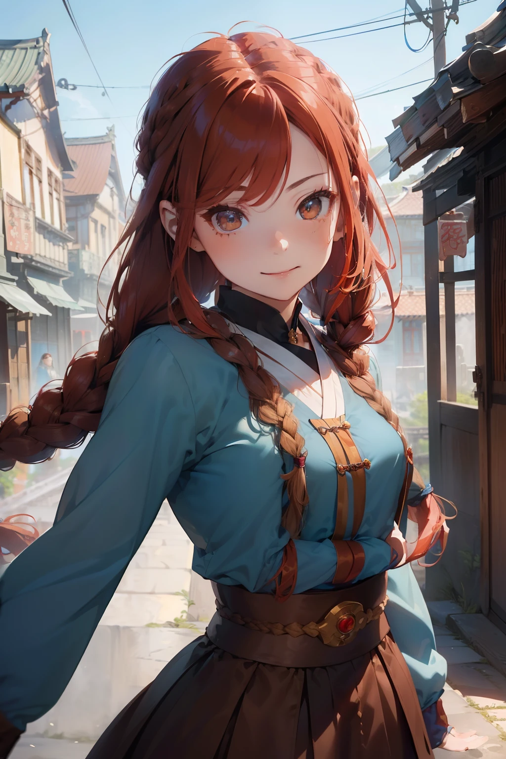 ((best quality)), ((masterpiece)), (highly detailed:1.3), Pale girl, small, slender , (muscular female arms), (((long RED hair with only one long braid)), wearing a fantasy female clothing from the Taisho period in blue color, (((brown eyes))), pale face, perfect face, detailed face, perfect eyes, detailed hands, beautiful eyes, In the background a fantasy street with a monk temple, (smiling)