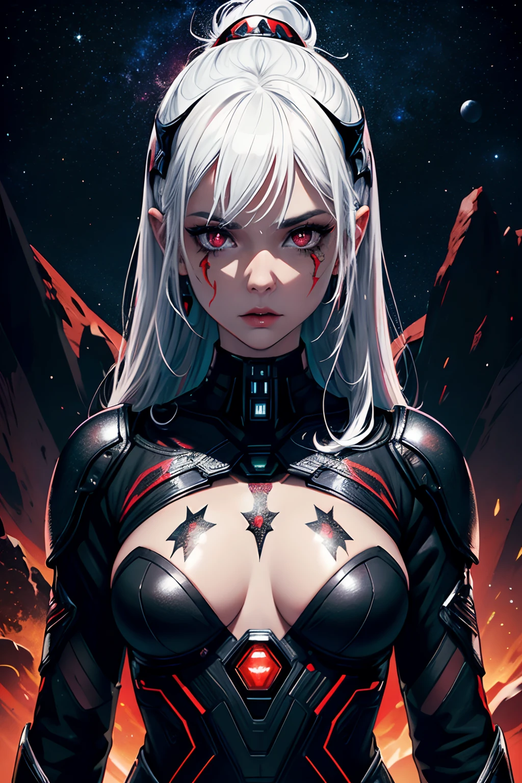 high res, intricate background, galaxy background, nebula, comet, planets, cat woman, 25 years old, white hair, top half shot, black body armor, white cloth covering breasts, black and red tattoos on face and left shoulder, red glint in eye, long black jewelry from left ear, black choker