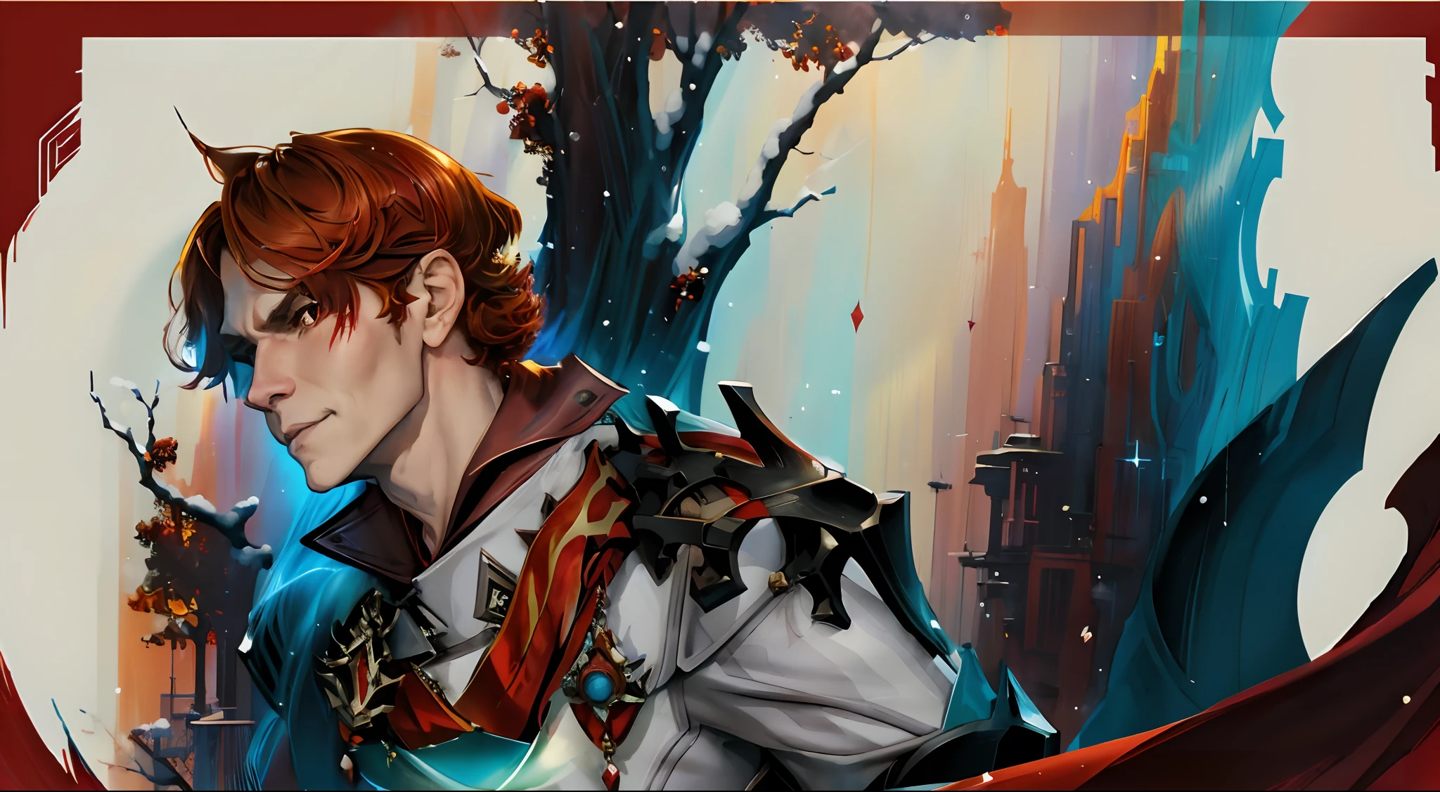 Painting depicting a person, He wears a red coat and a red scarf, Winter concept art, artwork in the style of guweiz, inspired by Magali Villeneuve, based on Ivan Kramskoy, Anton Fadeev, tuomas korpi and wlop, Yang J, inspired by Andrei Ryabushkin, with red berries and icicles,Curly Hair Bob,redhead hair