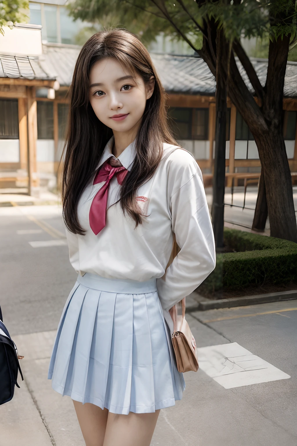 (masterpiece、highest quality、ultra high resolution、8K)、(1 very cute 14 year old girl:1.3)、naive girl、(perfect anatomy:1.1)、(wavy hair:1.1)、(big breasts:1.2)、(emphasize the bust line:1.2)、(high school white shirt:1.2)、(navy pleated skirt:1.2)、(Uniform ribbon that fits perfectly on the chest:1.2)、(Beautiful glowing skin:1.2)、Moist eyes、Brown glittery hair、Colors and landscapes of youth、feelings of love、outside、A shy smile looked at me、(very bright and refreshing:1.2)