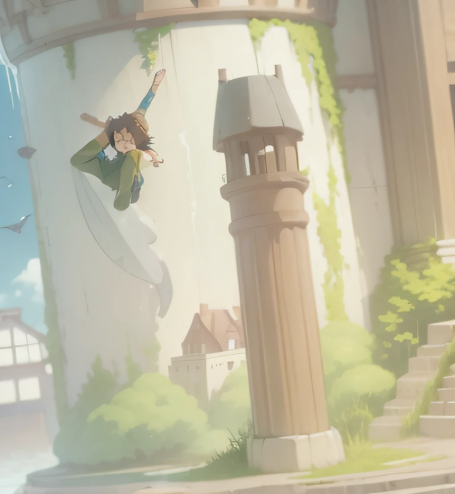 a picture taken from the ground of a cartoon castle with a flying girl, castle in the sky style, castle in the sky, miyazaki's animated film, studio ghibli and shinkai makoto, ghibli animated film, ghibli film, miyazaki film, studio ghibli movie, in style of studio ghibli, studio ghibli sky, studio ghibli anime