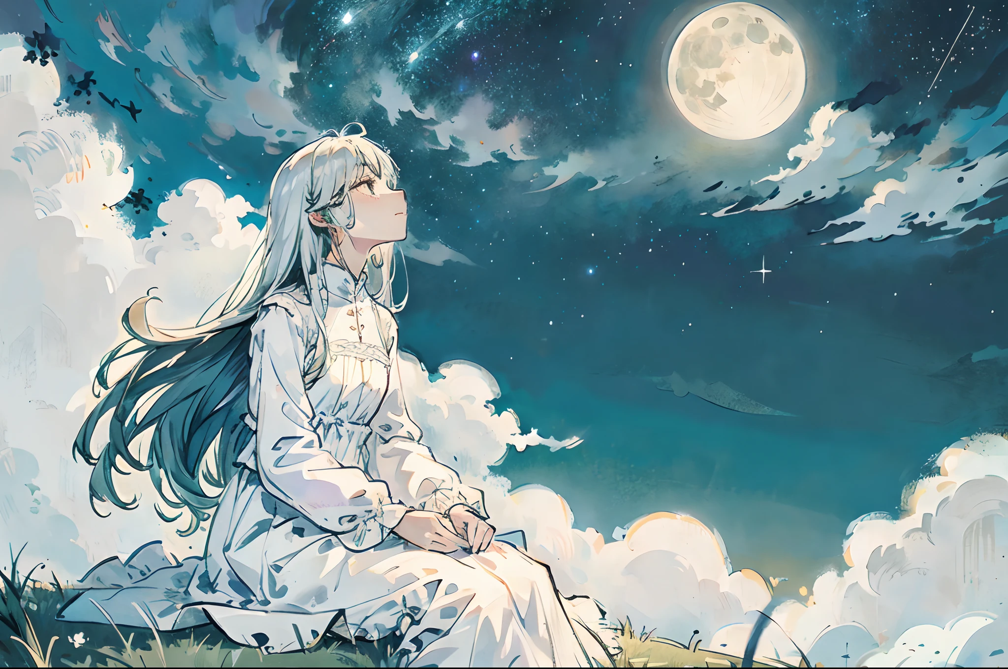 1girl, long hair, white dress, long sleeves, sitting, meadow, looking up, clouds, full moon, calm tones, starry sky, night sky, best quality, masterpiece, intricate details