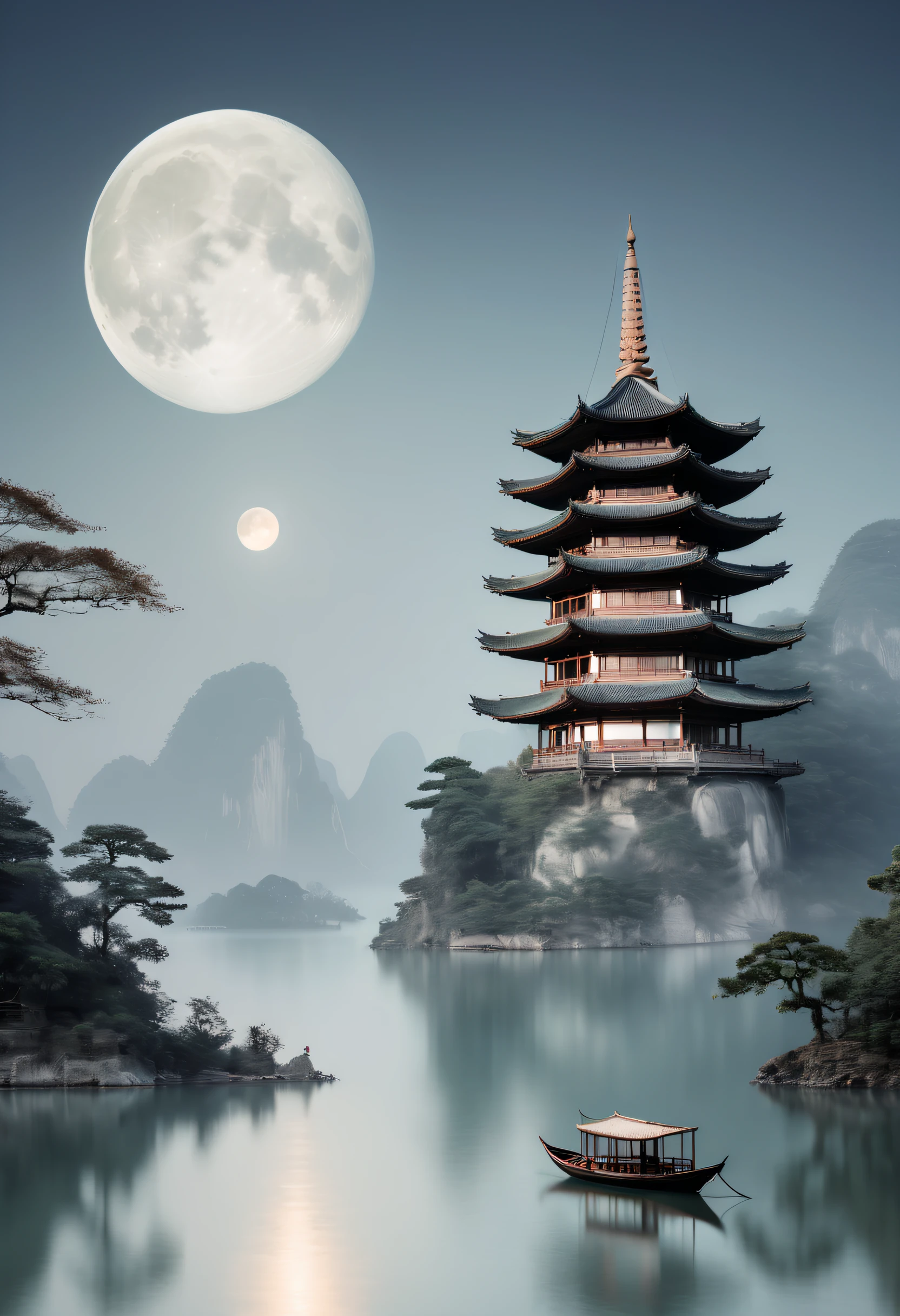 a large pagoda that faces a moon with a boat floating toward it, in the style of soft and dreamy atmosphere, minimalist stage designs, solarization, bo chen, photo-realistic techniques, meticulous technique, austere simplicity