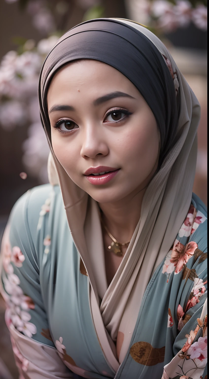A photo of a young, nerdy malay woman in hijab (Photorealistic: 1.2, highest quality, 8K, Wet: 1.3), (Female, 20 years old, Malay in hijap, cherry blossom kimono, Sweat: 1.2, Wet: 1.2, Cleavage, Big breasts, Big ass: 1.3,, Smooth skin, (Film lighting), lying on the bed, Soft light, Double eyelids, (Flirting), ((excited))