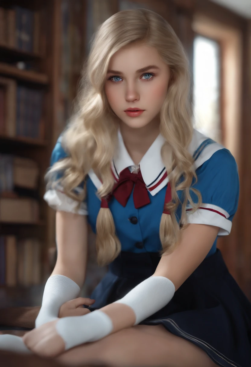 1 girl, hyperrealistic, school girl, uniform, 20 years old, very beatifull,School uniform blue eyes, blonde hair, 8k, teen, white stocking, girl's room