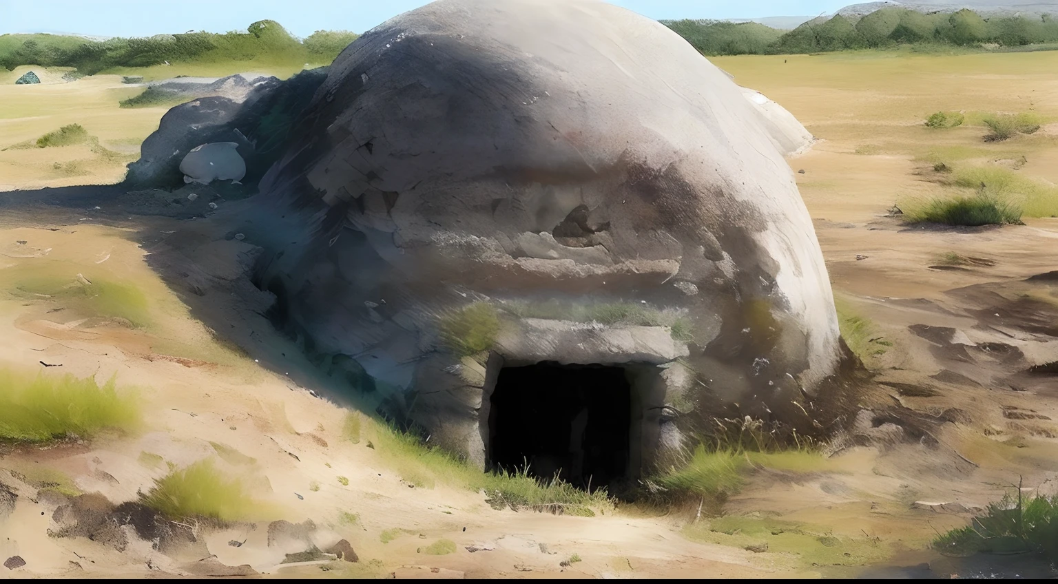 there is a large rock that is sitting in the middle of a field, giant tomb structures, megalithic buildings, huge and megalithic, megalithic, enclosed in rock, bunkers, ruins of ancient technology, ancient alien tools and houses, tomb, in an ancient tomb, distopia megaliths, containing a hidden portal, megaliths