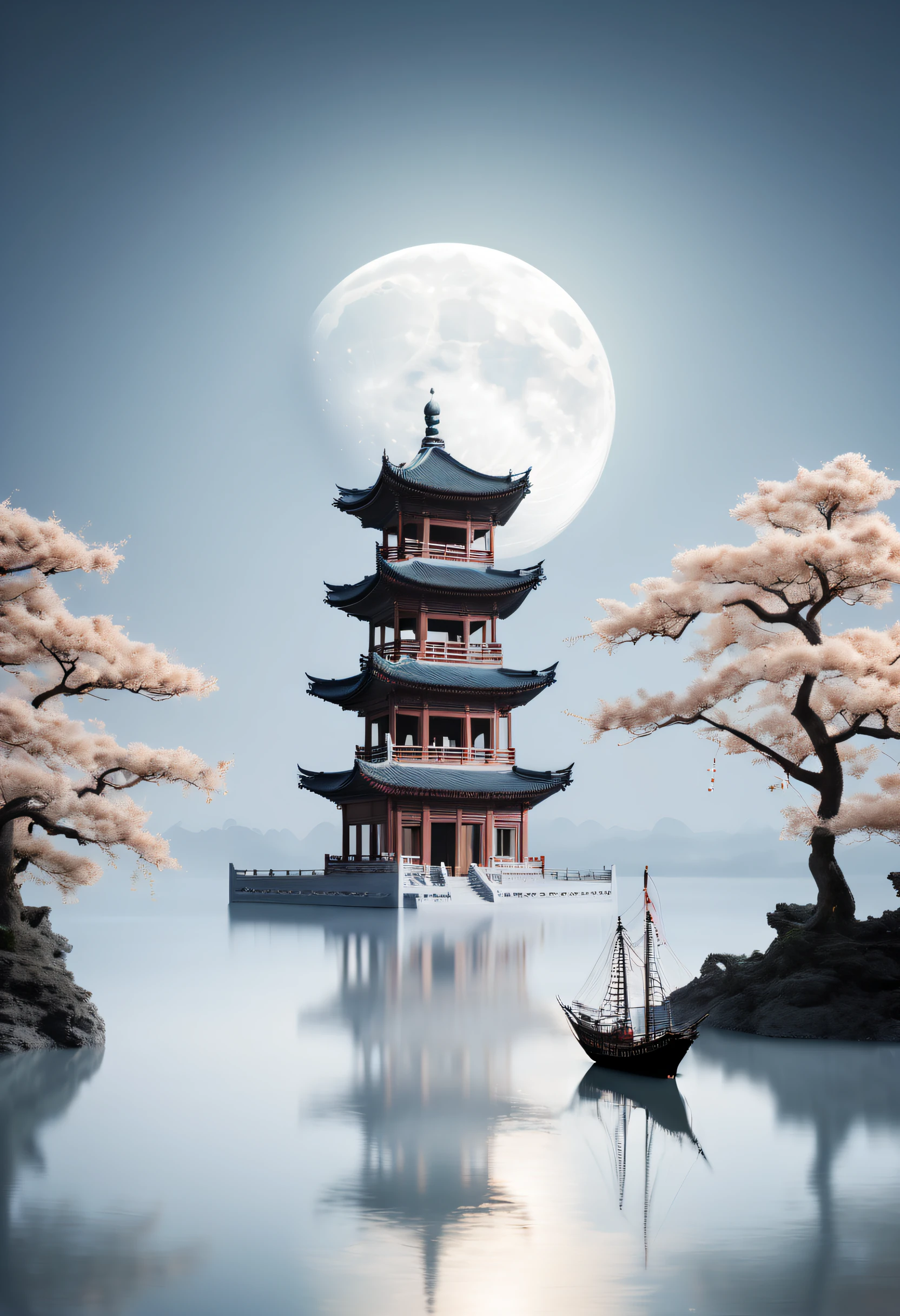 A large pagoda,Facing the moon,A ship floats on the moon, In a soft and dreamy atmosphere, minimalist stage designs, solarised, bo chen, photo-realistic techniques, meticulous technique, Simple and simple