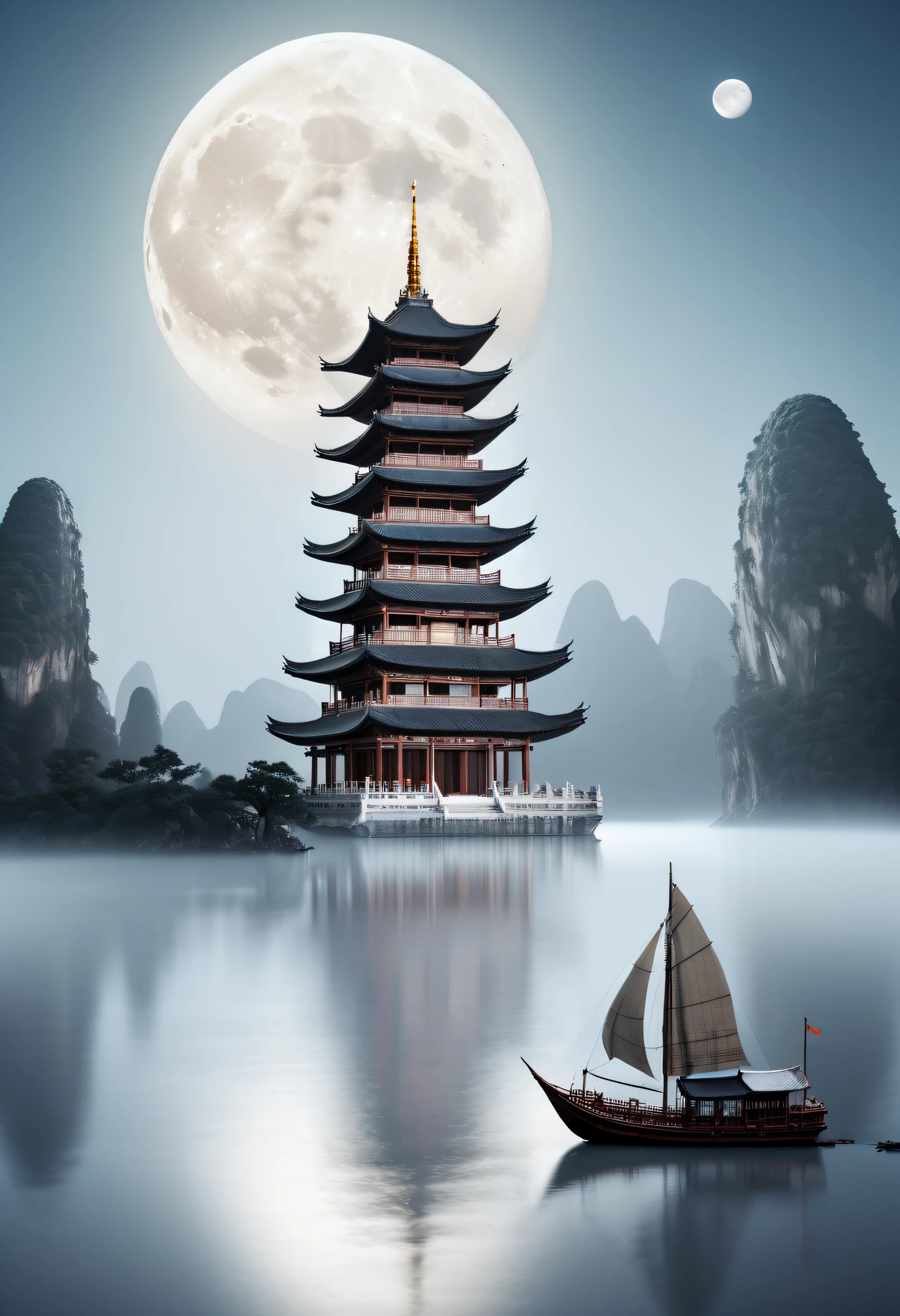 A large pagoda,Facing the moon,A ship floats on the moon, In a soft and dreamy atmosphere, minimalist stage designs, solarised, bo chen, photo-realistic techniques, meticulous technique, Simple and simple