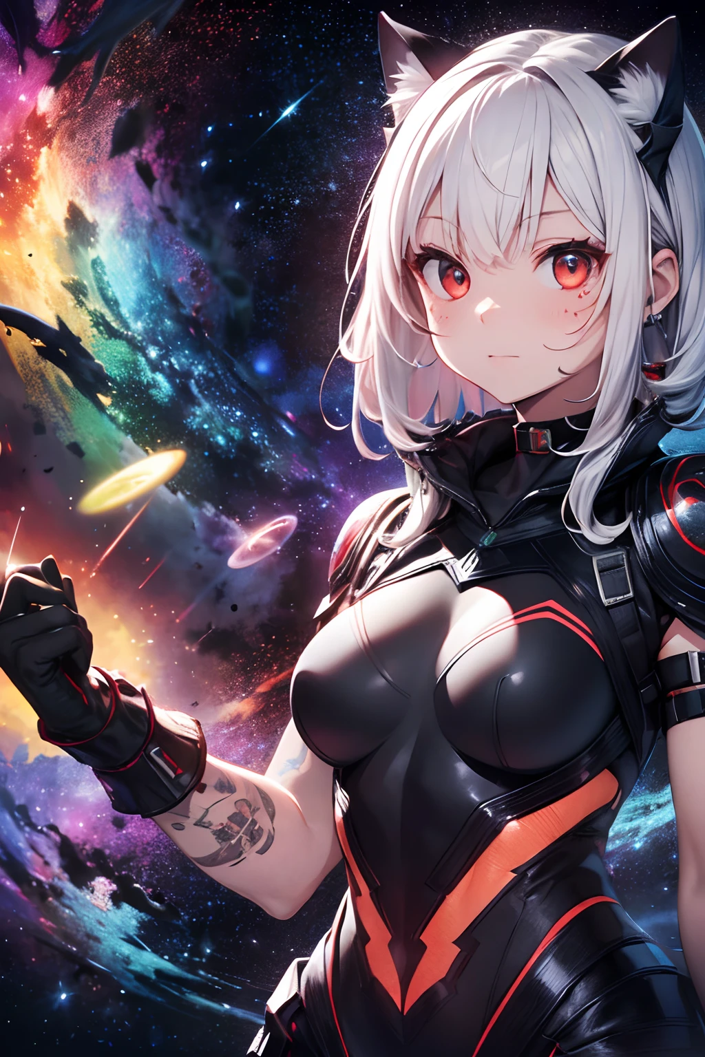 intricate background, galaxy background, nebula, comet, planets, cat woman, 25 years old, white hair, top half shot, black body armor, white cloth covering breasts, black and red tattoos on face and left shoulder, red glint in eye, long black jewelry from left ear, black choker