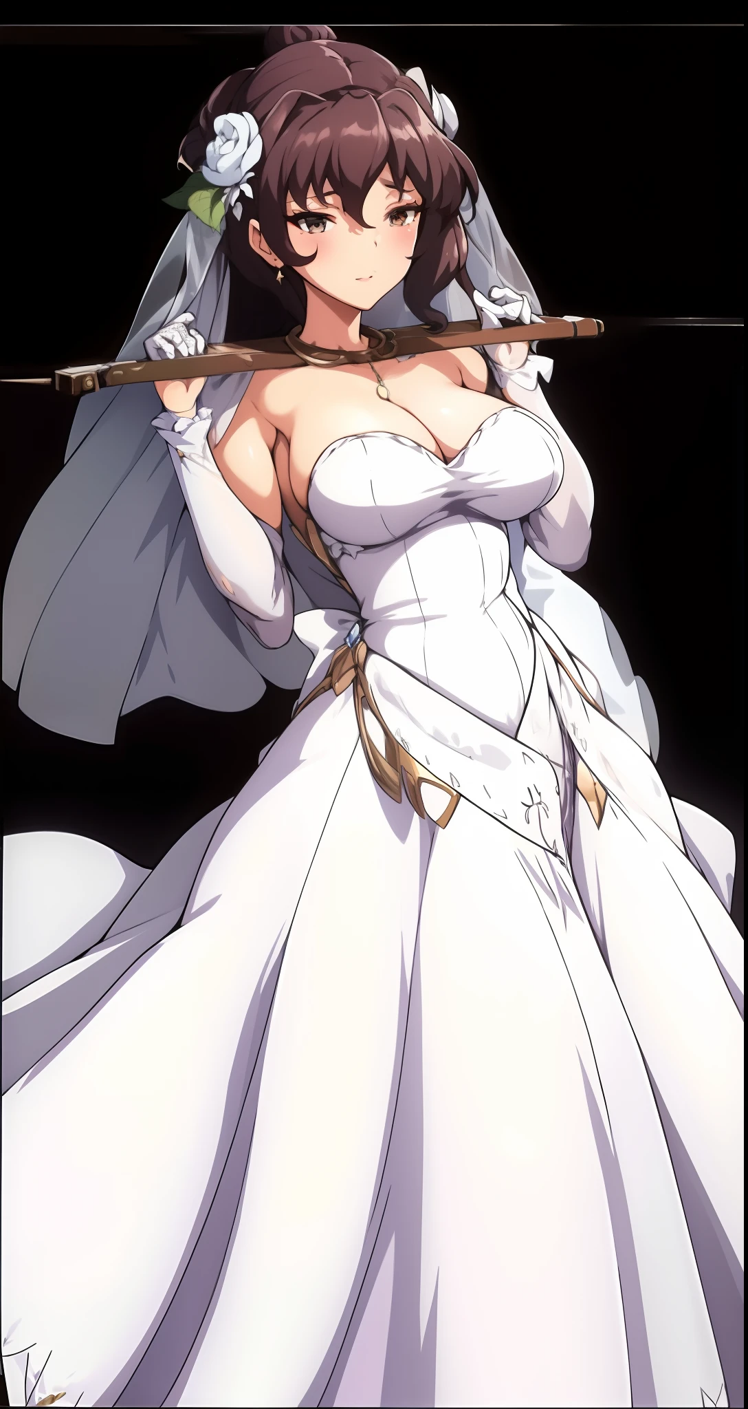 Aiko,Close-up of a beautiful bride in a beautiful wedding dress, Gurvetz,( pillory:1.5), Flail on the head, Flail on the hands, Flail,(Bridal veil: 1.5), (Short transparent veil: 1.5), Flushed face, Head flower, head gear, (Tubular wedding dress: 1.5), (Silk dress: 1.2 ), (Strapless wedding dress: 1.5), Pure white dress, necklace, Earrings, (Huge breasts: 1.3), Deep V heart collar wedding dress, bangs, lipstick, (Lace gloves: 1.3), Full body photo, High detail RAW color art, a white long skirt, Whole body, with hands behind her back, and floor-length skirts,