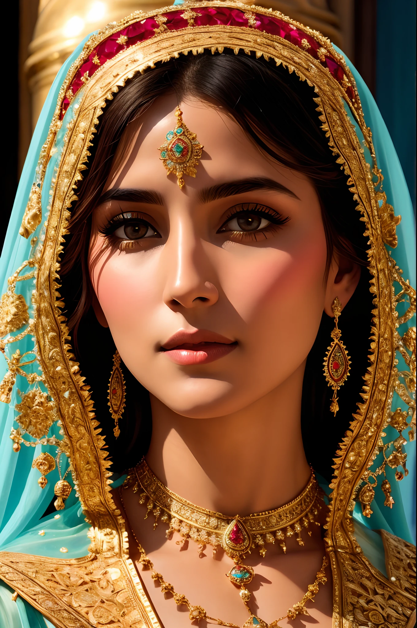 A stunning depiction of Mother Mary in traditional Middle Eastern clothing, adorned delicate jewels, close up of her face