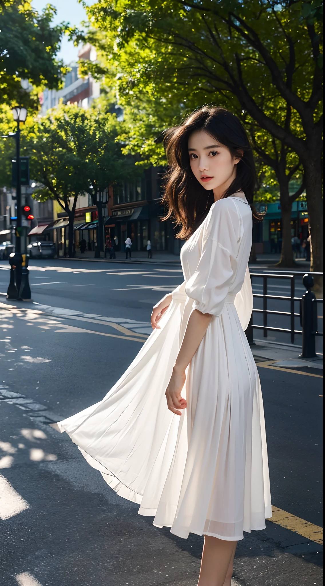 High-res, Realistic portrait of shopping in the city trade city,Amateurs with perfect skin,stand posture,Handheld gifts,Vista full body,Don't face the camera,Each photo is taken in a different pose and angle,Back shadow,sideface,Long black hair,Show confidence and maturity, Longing for freedom and beauty,Surrounded by the atmosphere of the city, Vibrant and naturally lit highlights. The artwork should emphasize her elegant facial features, Including charming long eyes, Fluttering eyelashes and seductive lips. The scene should be enhanced with elements of professionalism and visual appeal,For example, The city's high-rise buildings, Mainframe computers, High-resolution display, and complex crowds,vehicles, The overall tone should be warm and professional, Has a soft and natural color palette. The artwork should exude a sense of professionalism, and cultural pride,The background is slightly blurred,Highlight the realism of the characters and backgrounds,Wear a white dress in the white summer,The breeze blows the flowing nature of the long dress,