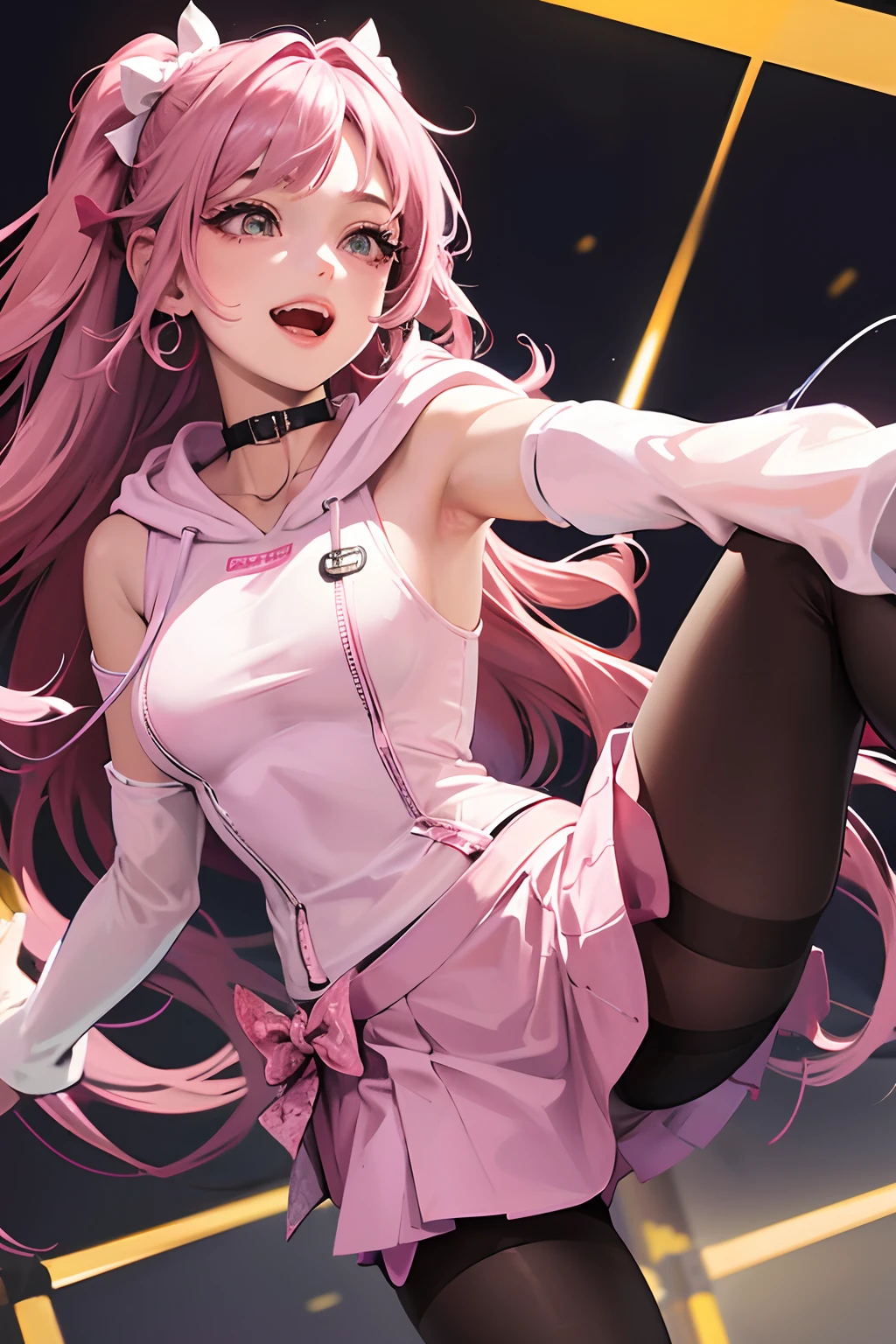 Masterpiece, Best quality, stars, Cityscape, intense shading, Realistic, Real, incredibly_absurderes, the wallpaper, Colorful, Girl, Long hair, Pink hair, Wavy hair, view the viewer, Laughing, excited, ribbed sweater, Hoodie , Miniskirt, White pantyhose, bow, Hair_bow, Pink choker , Elbow gloves , half gloves , Earrings, Spread legs,