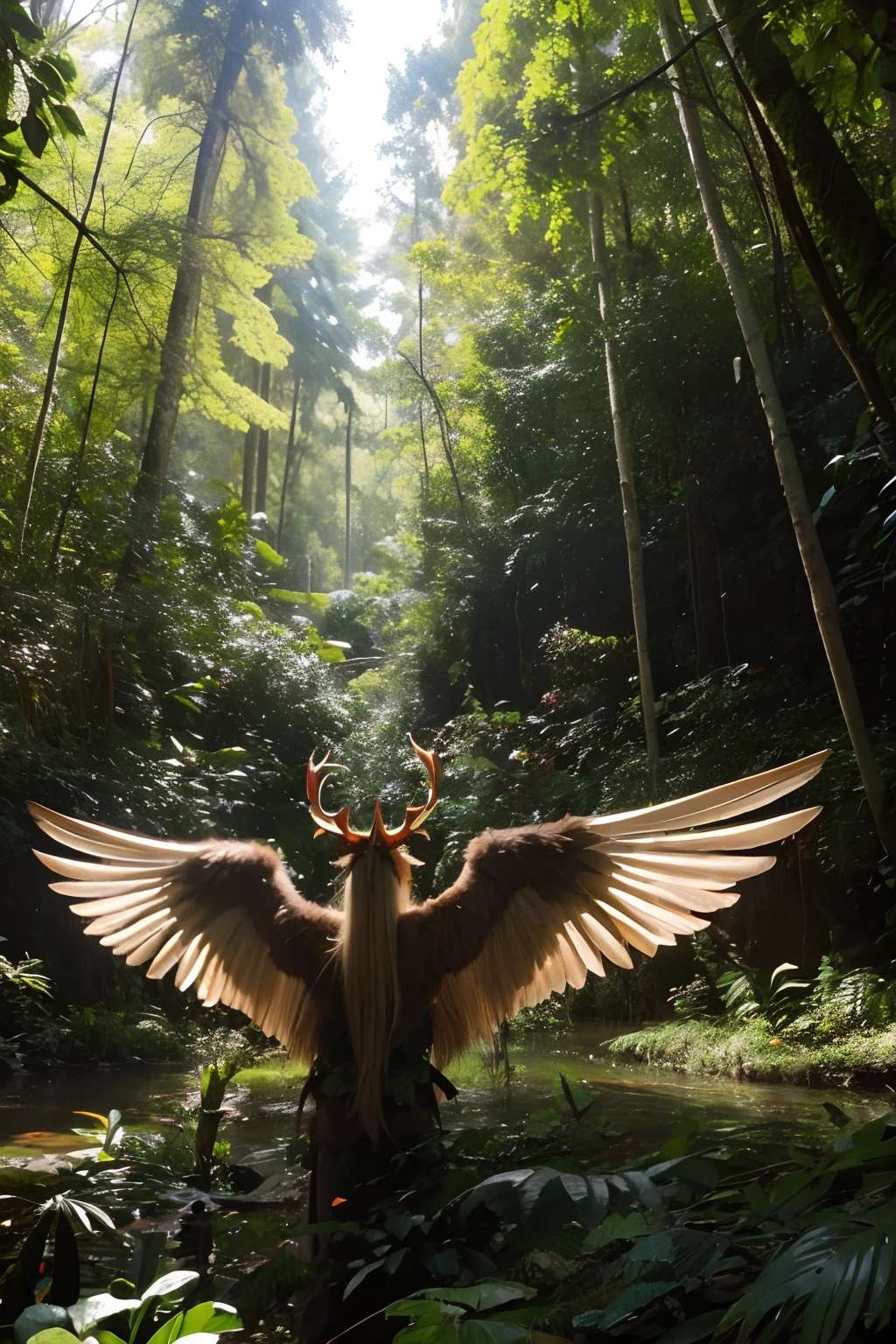 floresta exuberante，Creatures of the forest，Friendly elves，Wings，Animal heads，Shuttling through the forest，