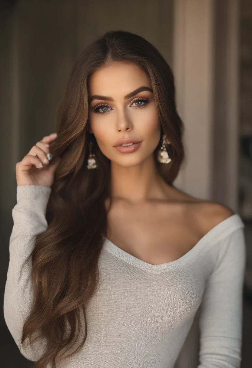 mulher arafed com roupas pretas, Menina sexy com olhos castanhos, Retrato Sophie Mudd, cabelos castanhos e olhos grandes, selfie de uma jovem mulher, Olhos do quarto, sem maquiagem, maquiagem natural, Looking directly at the camera, Rosto com ArtGram, maquiagem sutil, Impressionante tiro de corpo inteiro, on a balcony with mountains behind it, clivagem