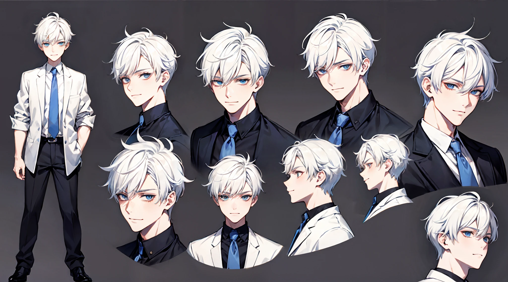 ((masterpiece)),((((best qualtiy))),(CharacterDesignSheet,Same character,frontage,Lateral face,on back),cool boy,with short white hair,blue color eyes,smile wearing white shirt ,详细的脸,detailed hairs,(simple backgound,white backgrounid:1.3)