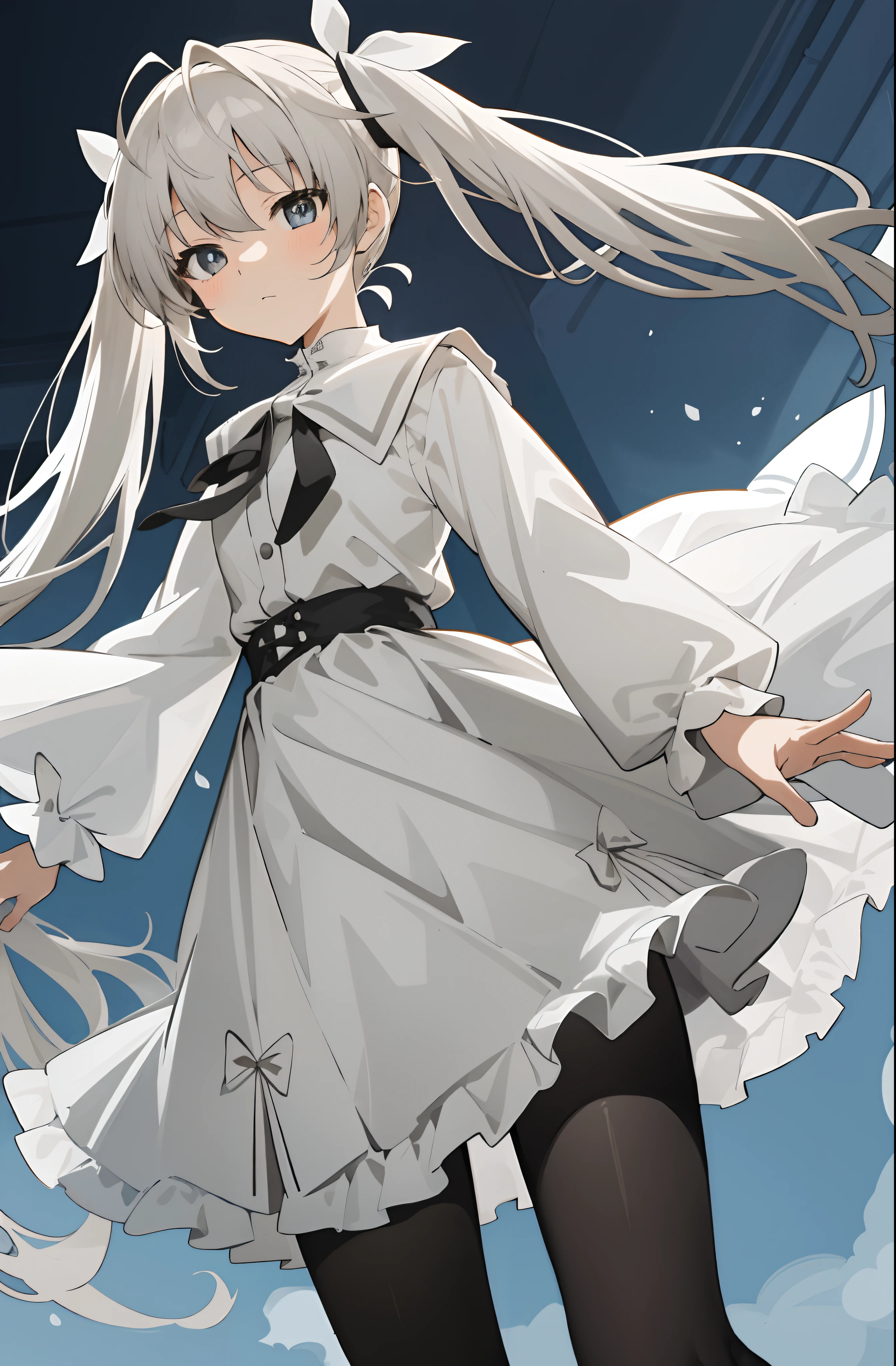 (Masterpiece,best qualtiy,A high resolution:1.5),1girl,high school senior,white skinned,Gray-black pupils,twintails,lacepantyhose,shift dresses,Delicate face,School Background,The light is bright,Sora Kasugano,Animated illustration style,pixiv popular