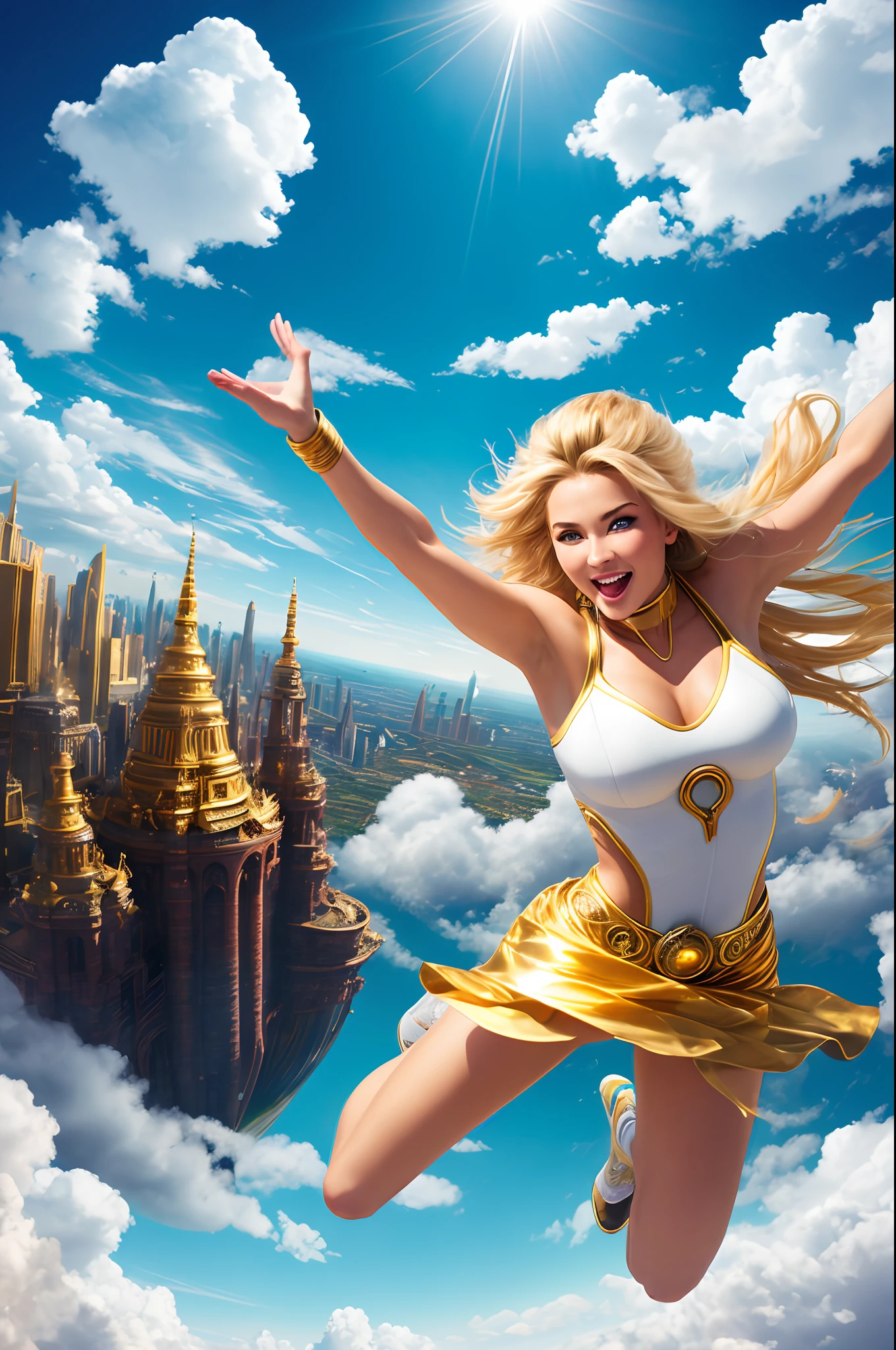 action shot fyling and racing to eath the most attractive very cheerful 5000 year old female soul sphere, gold and color, enthusiastic, blond hair,eye’s open, astonishing, to a futuristic earth city, past some clouds, through amazing blue sky’s and cumulus clouds