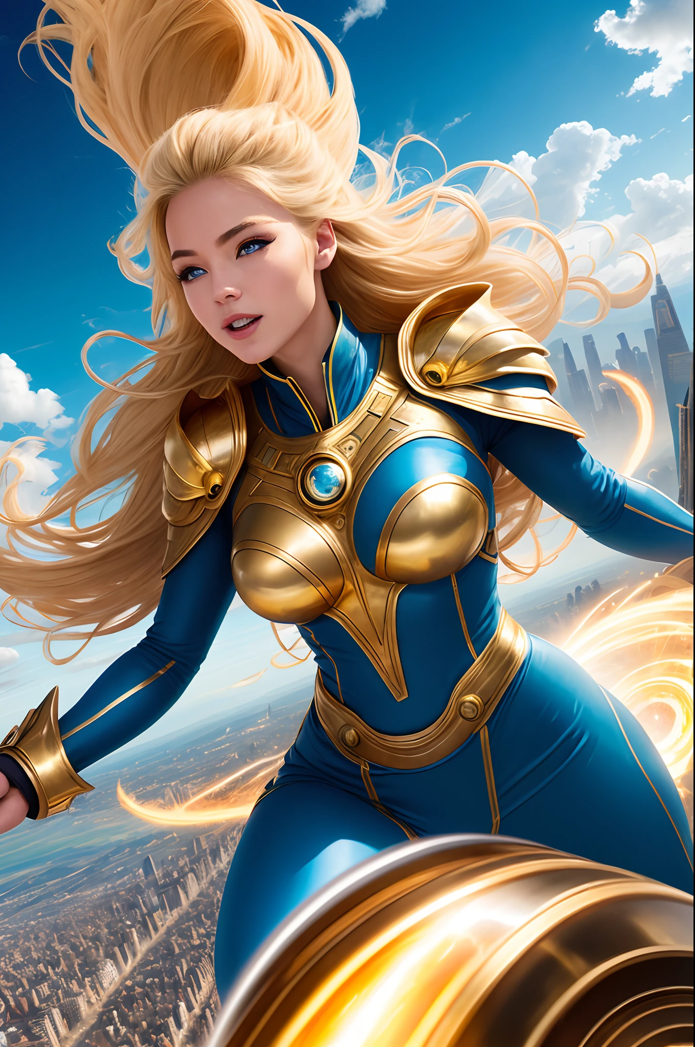 action shot fyling and racing to eath the most attractive very cheerful 5000 year old female soul sphere, gold and  color, enthusiastic, blond hair,eye’s open,  astonishing,  to a futuristic earth city,  past some clouds,  through amazing blue sky’s and  cumulus clouds