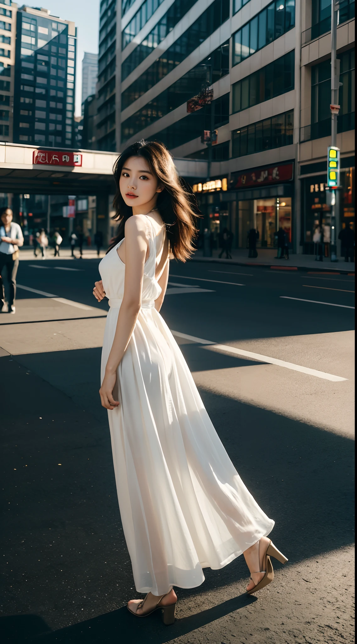 High-res, Realistic portrait of shopping in the city trade city,Amateurs with perfect skin,stand posture,Handheld gifts,Vista full body,Don't face the camera,Each photo is taken in a different pose and angle,Back shadow,sideface,Long black hair,Show confidence and maturity, Longing for freedom and beauty,Surrounded by the atmosphere of the city, Vibrant and naturally lit highlights. The artwork should emphasize her elegant facial features, Including charming long eyes, Fluttering eyelashes and seductive lips. The scene should be enhanced with elements of professionalism and visual appeal,For example, The city's high-rise buildings, Mainframe computers, High-resolution display, and complex crowds,vehicles, The overall tone should be warm and professional, Has a soft and natural color palette. The artwork should exude a sense of professionalism, and cultural pride,The background is slightly blurred,Highlight the realism of the characters and backgrounds,Wear a white dress in the white summer,The breeze blows the flowing nature of the long dress,