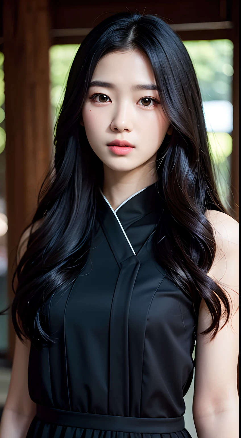 （Gyeongsan：1.5）Black suit，tmasterpiece， best qualtiy， RAW photogr， realisticlying， the face， Incredibly Ridiculous res， beuaty girl， adolable， wavy and long hair， depth of fields， A high resolution， ultra - detailed， finedetail， The is very detailed， extremely detailed eyes and face， realistic pupil， tack sharp focus， cinmatic lighting