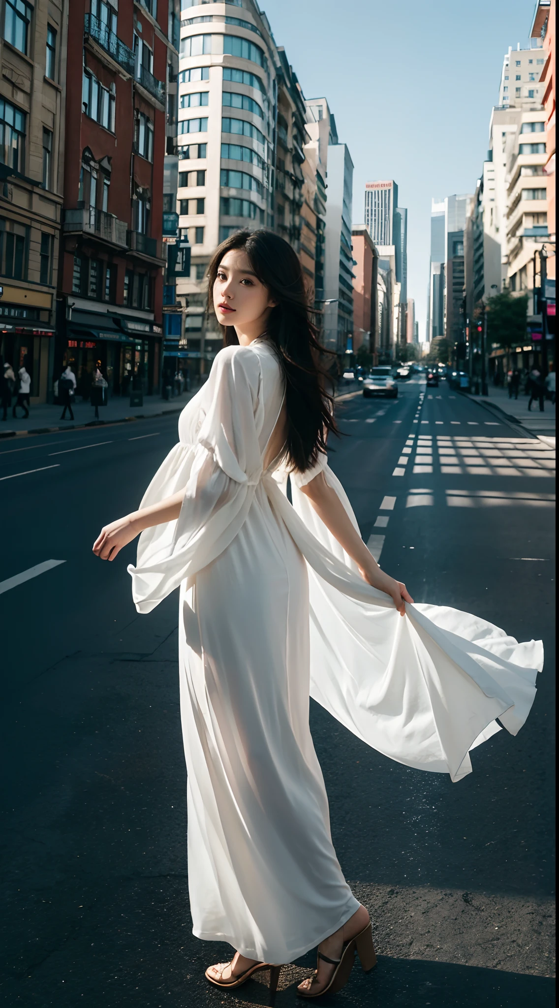 High-res, Realistic portrait of shopping in the city trade city,Amateurs with perfect skin,stand posture,Handheld gifts,Vista full body,Don't face the camera,Each photo is taken in a different pose and angle,Back shadow,sideface,Long black hair,Show confidence and maturity, Longing for freedom and beauty,Surrounded by the atmosphere of the city, Vibrant and naturally lit highlights. The artwork should emphasize her elegant facial features, Including charming long eyes, Fluttering eyelashes and seductive lips. The scene should be enhanced with elements of professionalism and visual appeal,For example, The city's high-rise buildings, Mainframe computers, High-resolution display, and complex crowds,vehicles, The overall tone should be warm and professional, Has a soft and natural color palette. The artwork should exude a sense of professionalism, and cultural pride,The background is slightly blurred,Highlight the realism of the characters and backgrounds,Wear a white dress in the white summer,The breeze blows the flowing nature of the long dress,