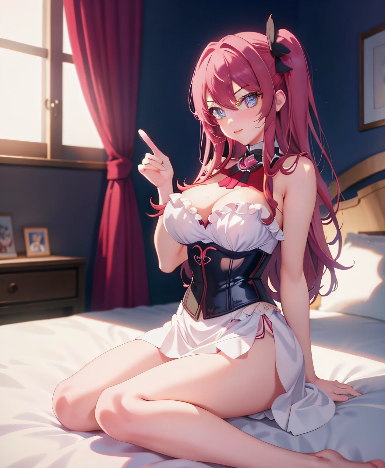 anime - style image of a woman in a corset sitting on a bed, seductive anime girls, beautiful anime girl crouching, beautiful and seductive anime woman, the anime girl is crouching, Anime goddess, attractive anime girls, Beautiful anime girl, beautiful alluring anime teen, cute anime waifu in a nice dress, rias gremory, Ayaka Genshin impact，A pink-haired