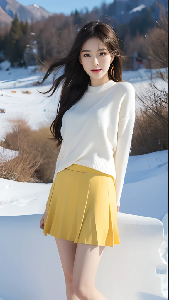 best qualtiy,tmasterpiece,超高分辨率,(真实感:1.4),RAW photogr,1girll,long whitr hair,Face Highlighting,Pure,Girly,Flushing,18yr old,18-year-old smiling female classmate,Pure,Innocent,(best qualtiy,8K,tmasterpiece:1.3),Goose egg face,largeeyes,long eyelasher,Exquisite(live-action realistic style),Star-like eyes,Ultimate face,Photorealistic light and shadow,Clear facial features,Milky white skin,Fair skin, highdetailskin, Realistic skin details, Visible Pore,(Super detail),(perfect bodies:1.1),long whitr hair,(dynamicposes),((Dynamic background((volumettic light:1.3)),huge tit,Goose yellow sweater,Red hip skirt,Bare-legged artifact,alps,snow mountains,chilly,Pine forest,standing on your feet,liberta,Dashing,long leges,Shunguang